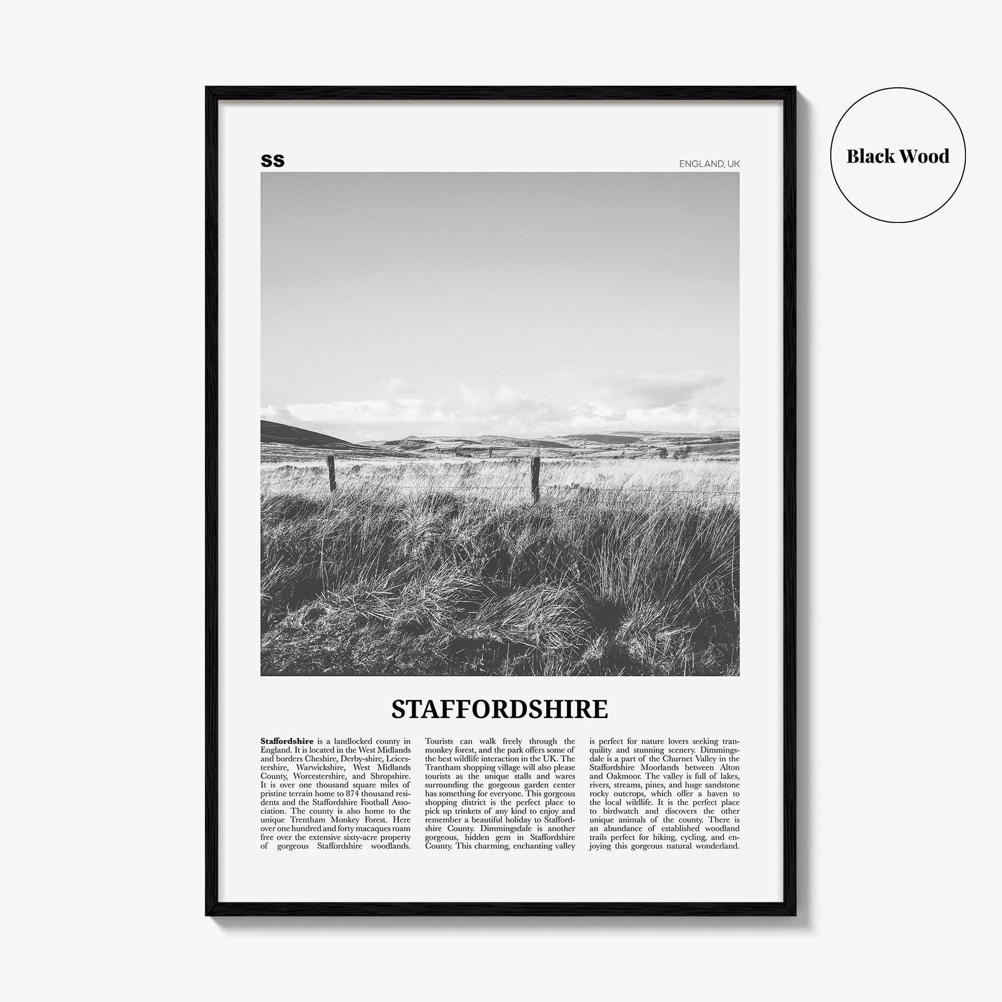 Staffordshire Print Black and White, Staffordshire Wall Art, Staffordshire Poster, Staffordshire Photo, Staffordshire Map, England, UK