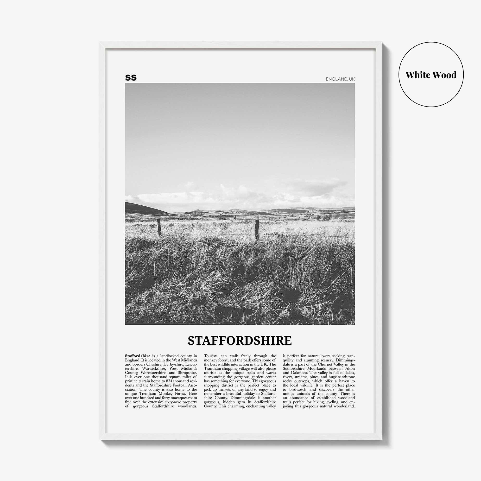 Staffordshire Print Black and White, Staffordshire Wall Art, Staffordshire Poster, Staffordshire Photo, Staffordshire Map, England, UK