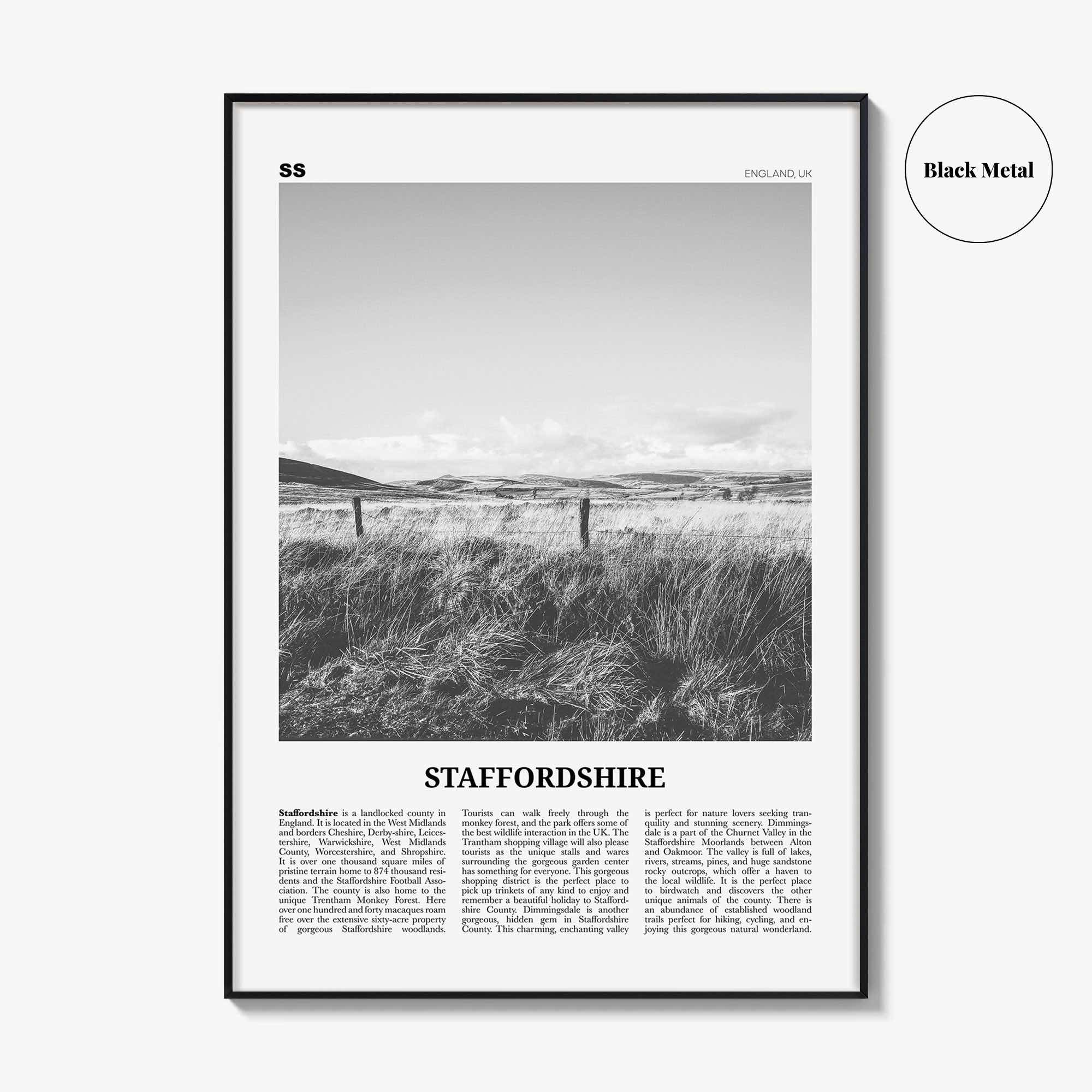 Staffordshire Print Black and White, Staffordshire Wall Art, Staffordshire Poster, Staffordshire Photo, Staffordshire Map, England, UK