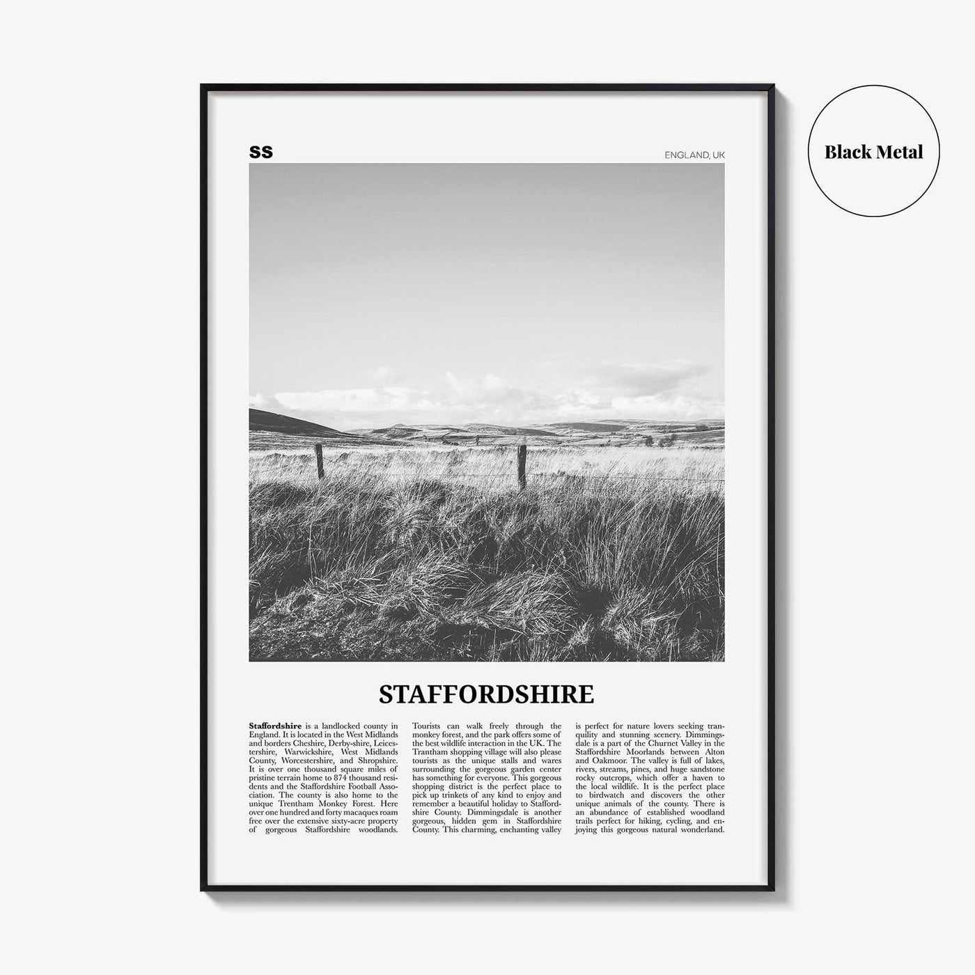 Staffordshire Print Black and White, Staffordshire Wall Art, Staffordshire Poster, Staffordshire Photo, Staffordshire Map, England, UK