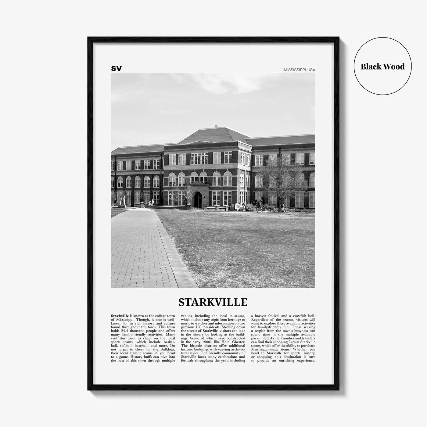 Starkville Print Black and White, Starkville Wall Art, Starkville Poster, Starkville Photo, Starkville Wall Décor, Mississippi, USA