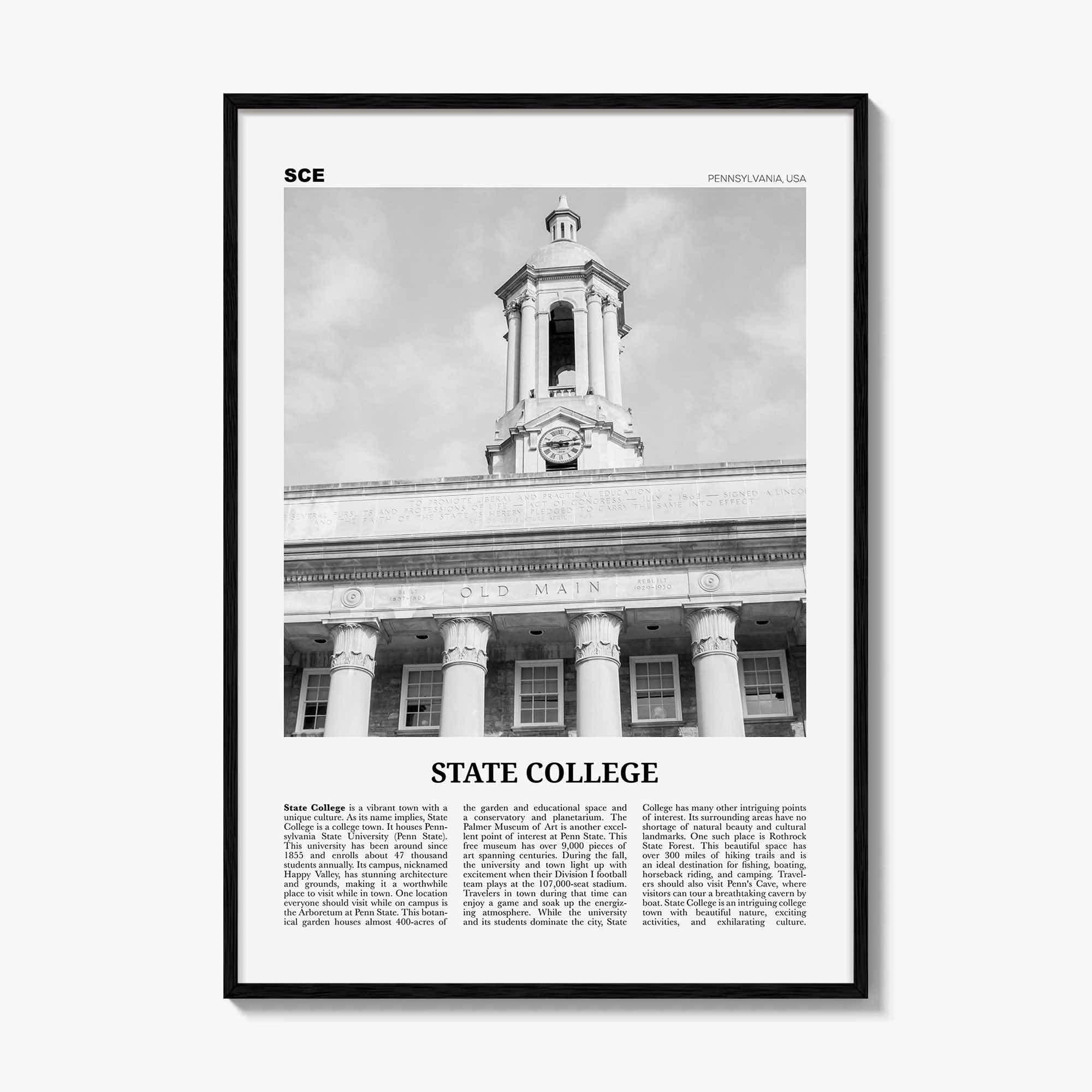 State College Print Black and White, State College Wall Art, State College Poster, State College Photo, Pennsylvania, USA, United States