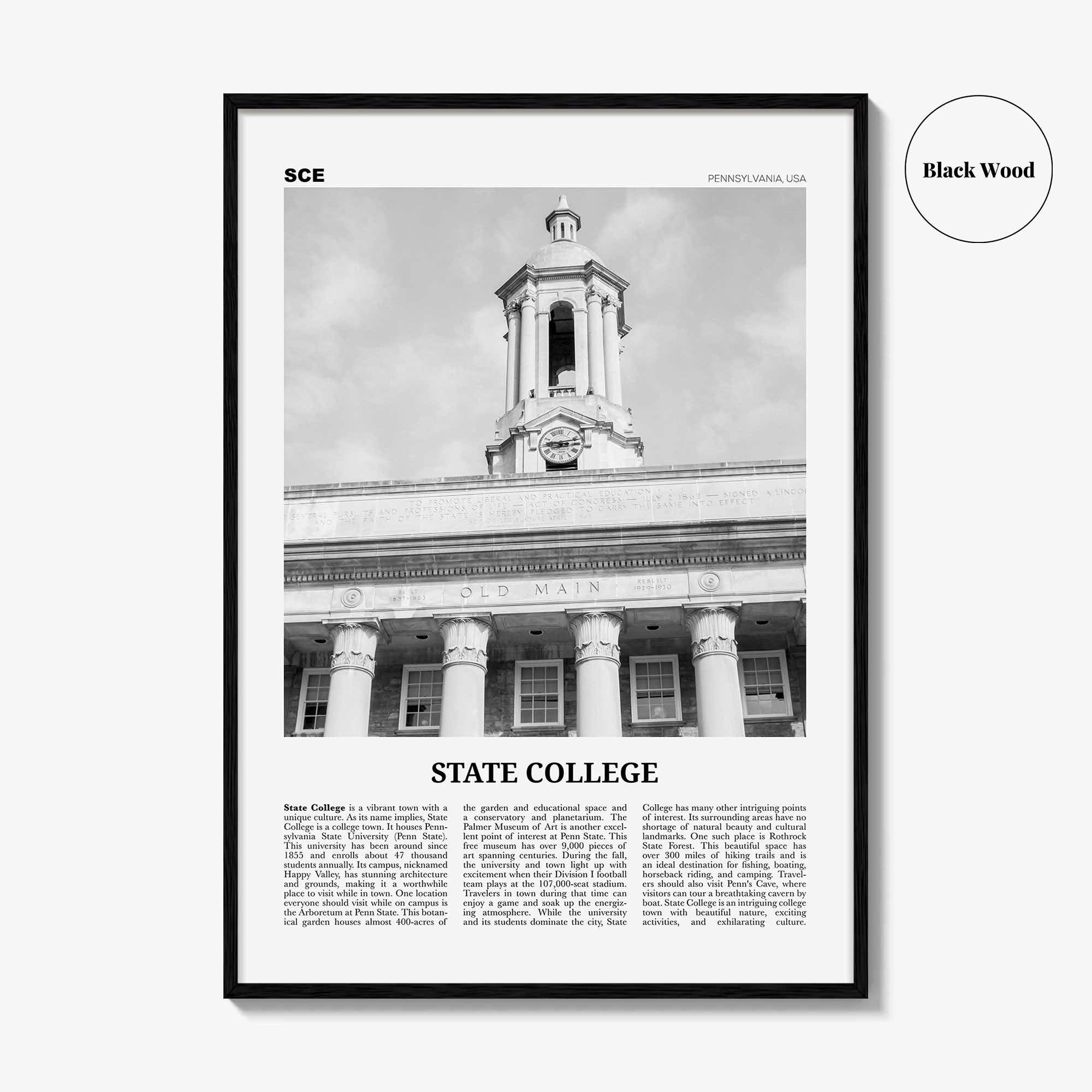 State College Print Black and White, State College Wall Art, State College Poster, State College Photo, Pennsylvania, USA, United States