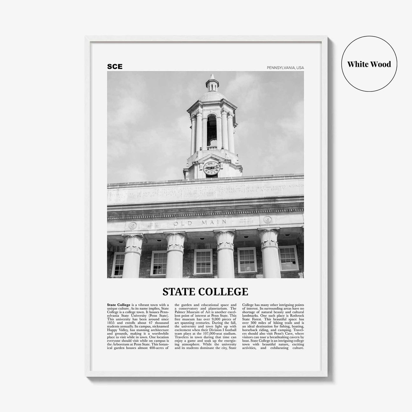 State College Print Black and White, State College Wall Art, State College Poster, State College Photo, Pennsylvania, USA, United States