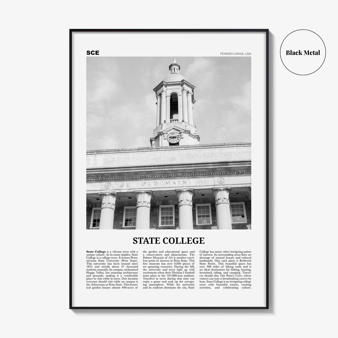 State College Print Black and White, State College Wall Art, State College Poster, State College Photo, Pennsylvania, USA, United States