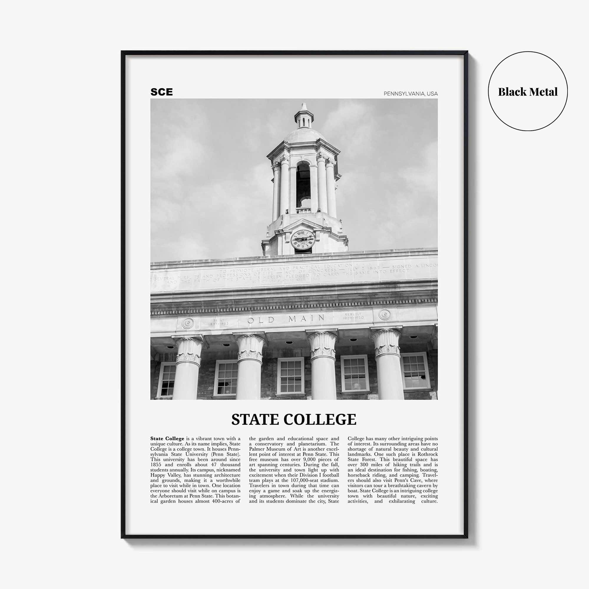 State College Print Black and White, State College Wall Art, State College Poster, State College Photo, Pennsylvania, USA, United States