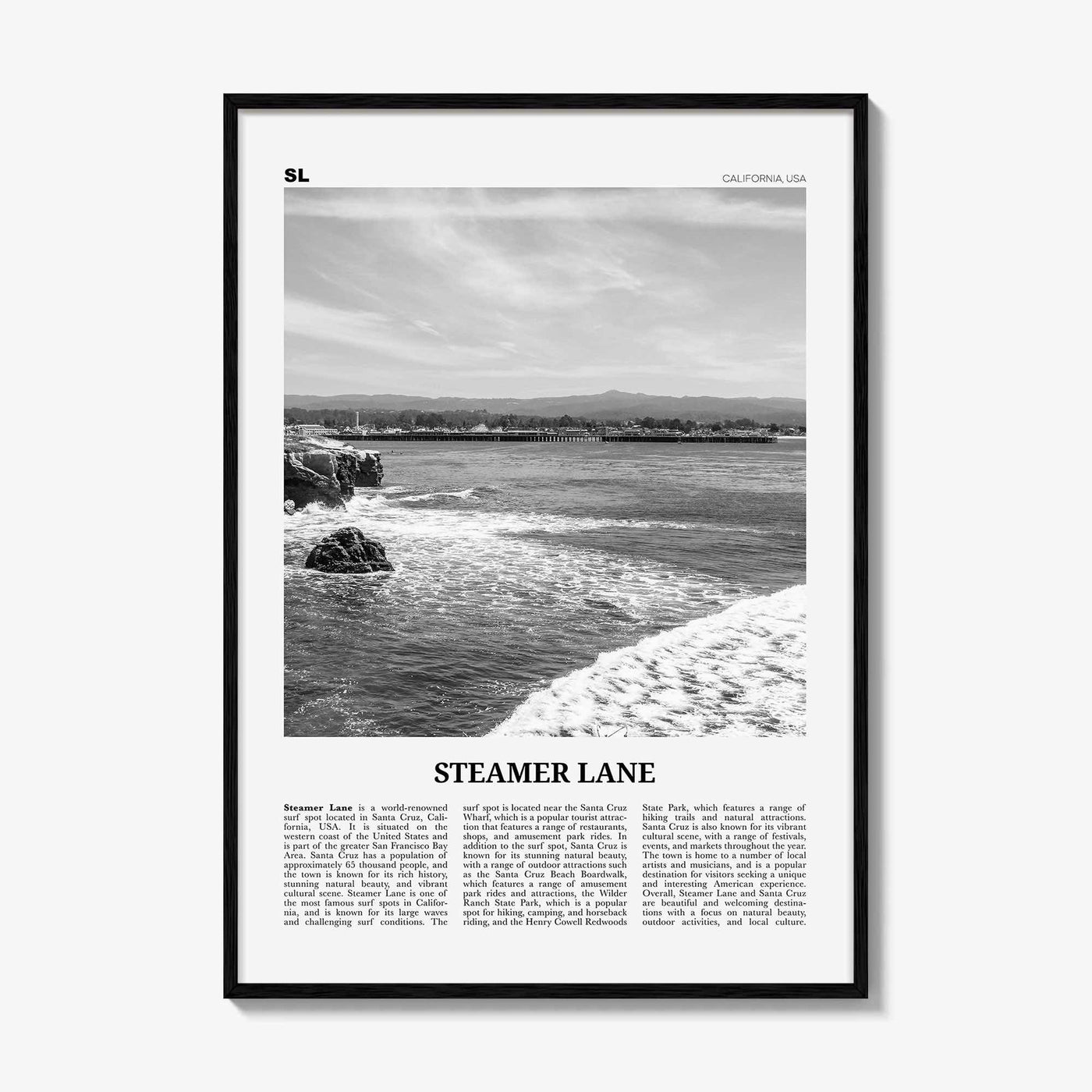Steamer Lane Print Black and White, Steamer Lane Art, Steamer Lane Poster, Steamer Lane Photo, Steamer Lane Wall Décor, Steamer Lane Map