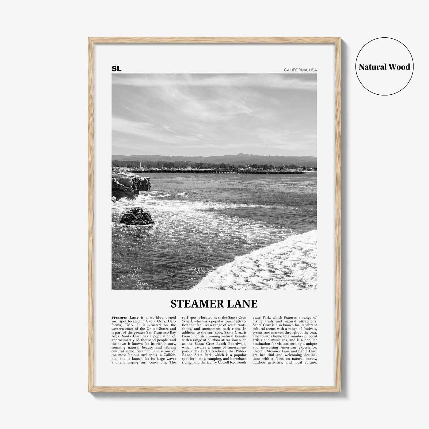 Steamer Lane Print Black and White, Steamer Lane Art, Steamer Lane Poster, Steamer Lane Photo, Steamer Lane Wall Décor, Steamer Lane Map