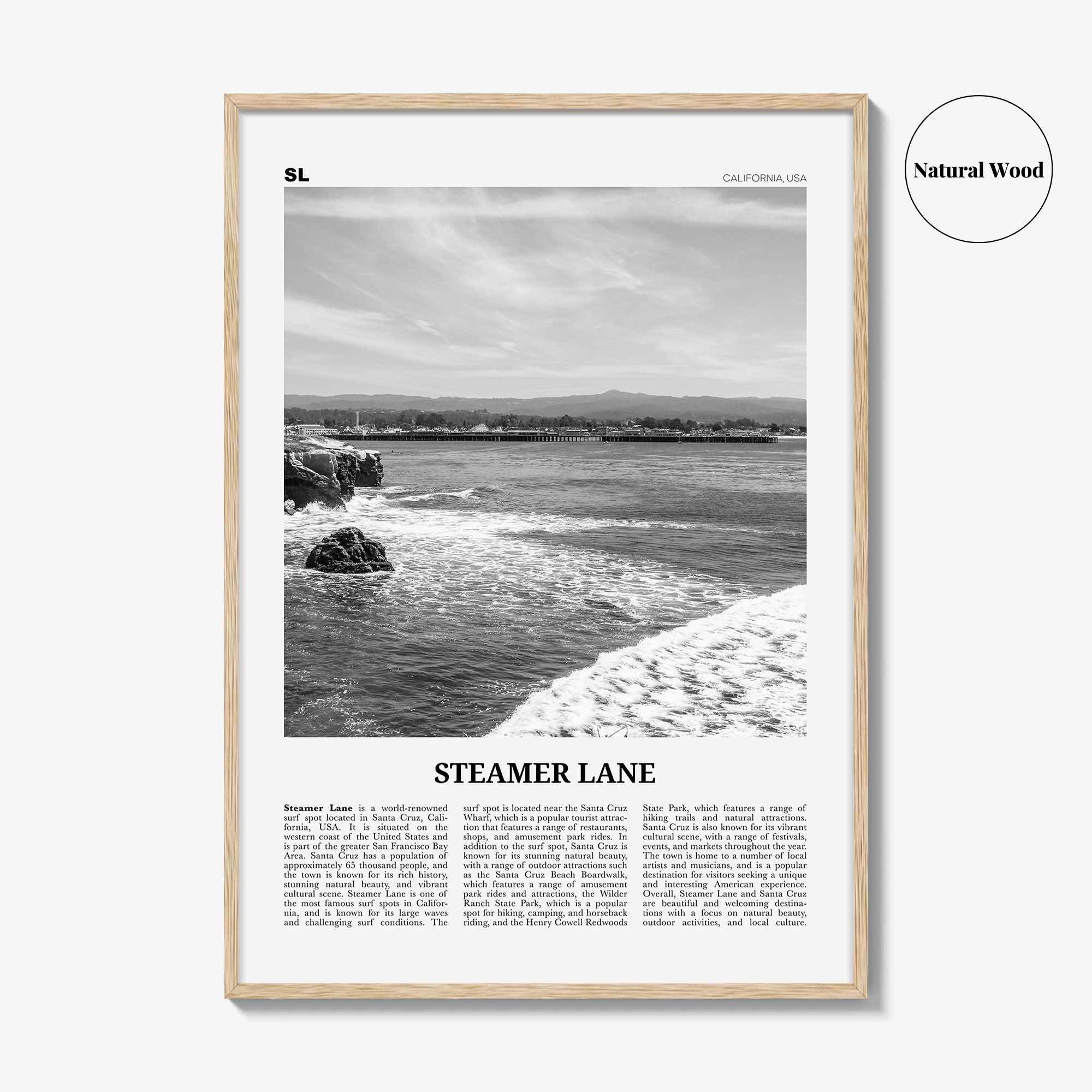 Steamer Lane Print Black and White, Steamer Lane Art, Steamer Lane Poster, Steamer Lane Photo, Steamer Lane Wall Décor, Steamer Lane Map