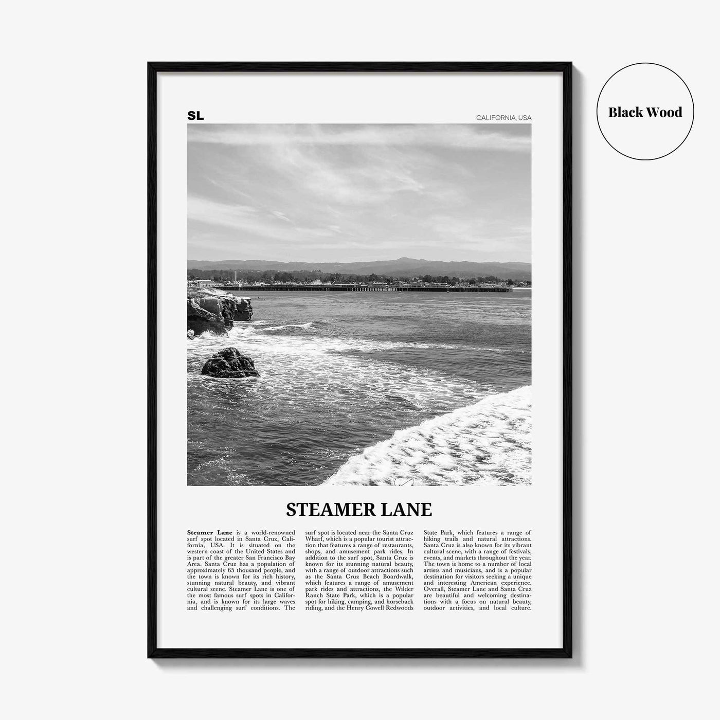 Steamer Lane Print Black and White, Steamer Lane Art, Steamer Lane Poster, Steamer Lane Photo, Steamer Lane Wall Décor, Steamer Lane Map