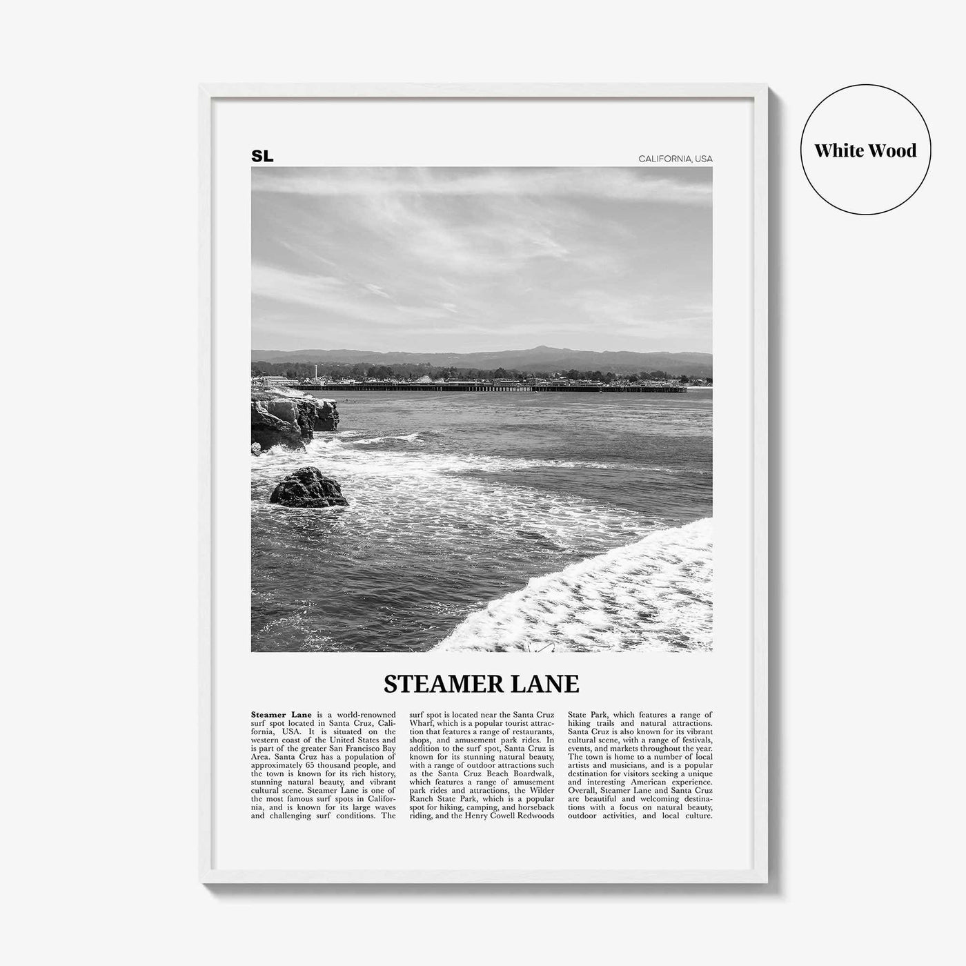 Steamer Lane Print Black and White, Steamer Lane Art, Steamer Lane Poster, Steamer Lane Photo, Steamer Lane Wall Décor, Steamer Lane Map