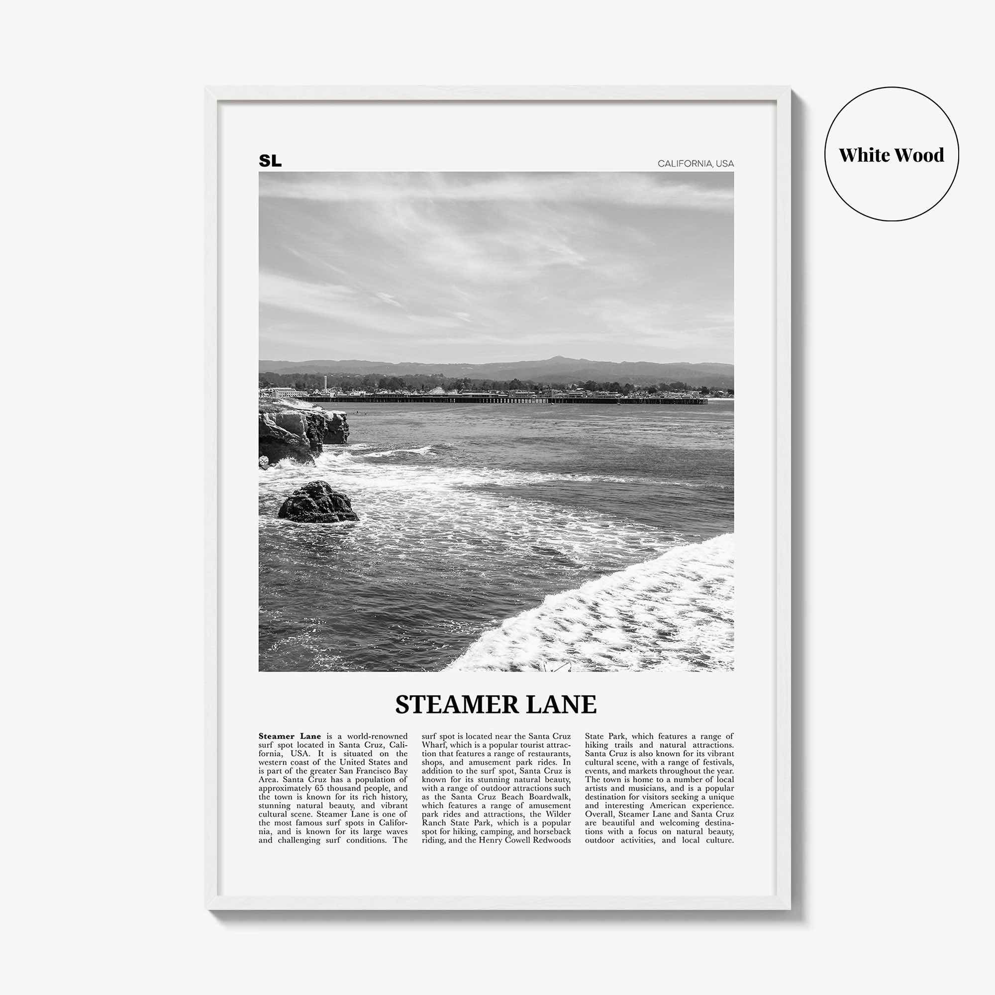 Steamer Lane Print Black and White, Steamer Lane Art, Steamer Lane Poster, Steamer Lane Photo, Steamer Lane Wall Décor, Steamer Lane Map