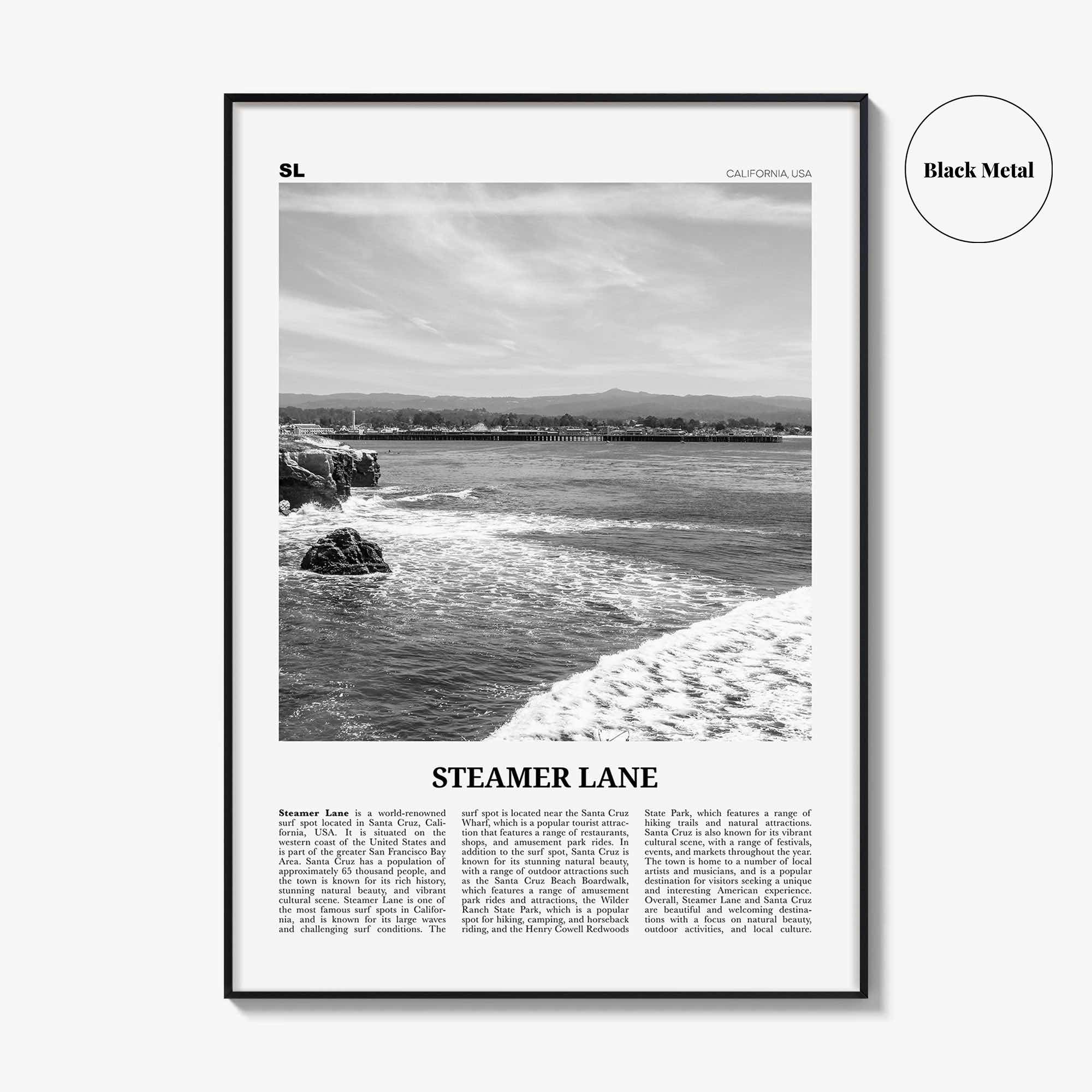 Steamer Lane Print Black and White, Steamer Lane Art, Steamer Lane Poster, Steamer Lane Photo, Steamer Lane Wall Décor, Steamer Lane Map