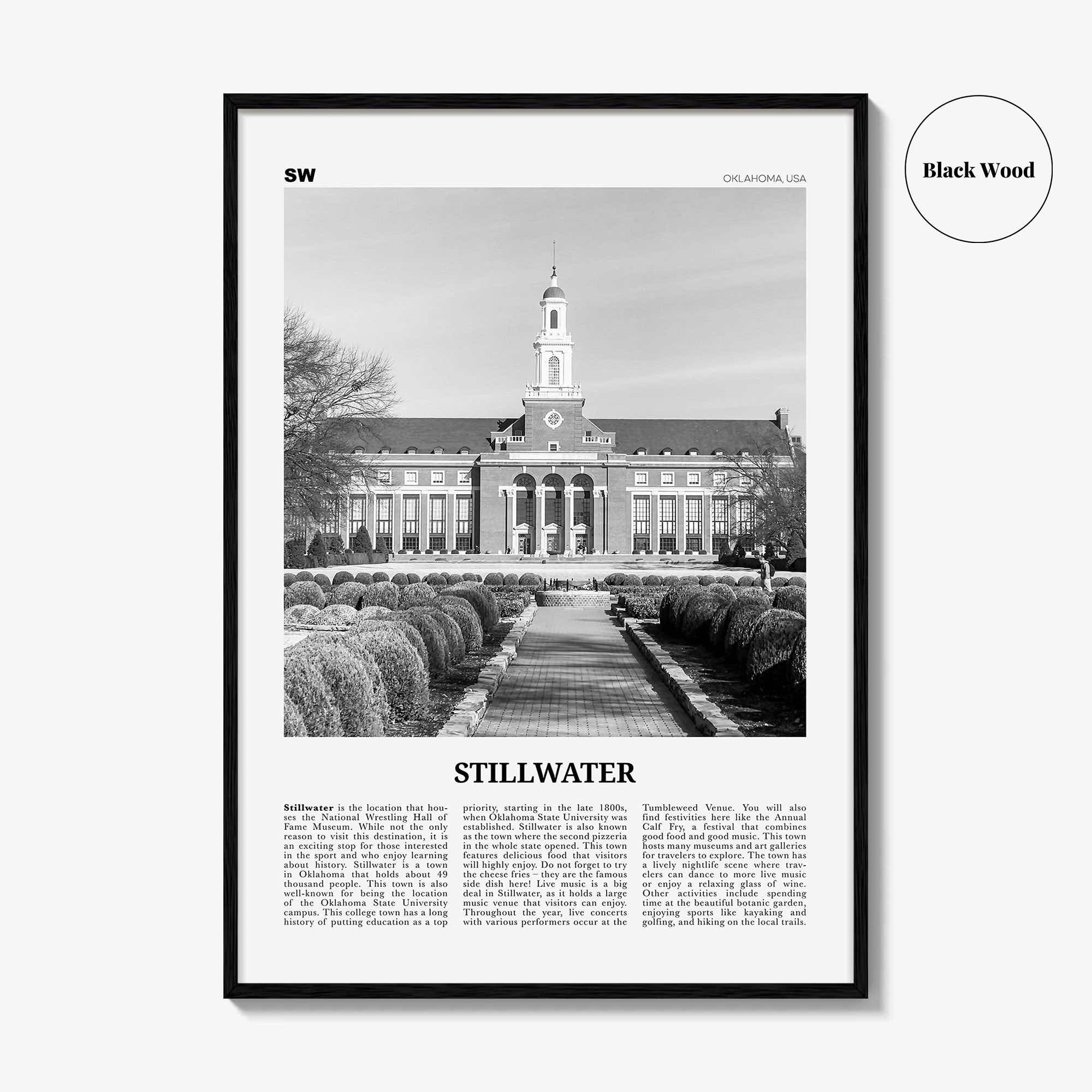 Stillwater Print Black and White, Stillwater Wall Art, Stillwater Poster, Stillwater Photo, Stillwater Wall Décor, Oklahoma, USA