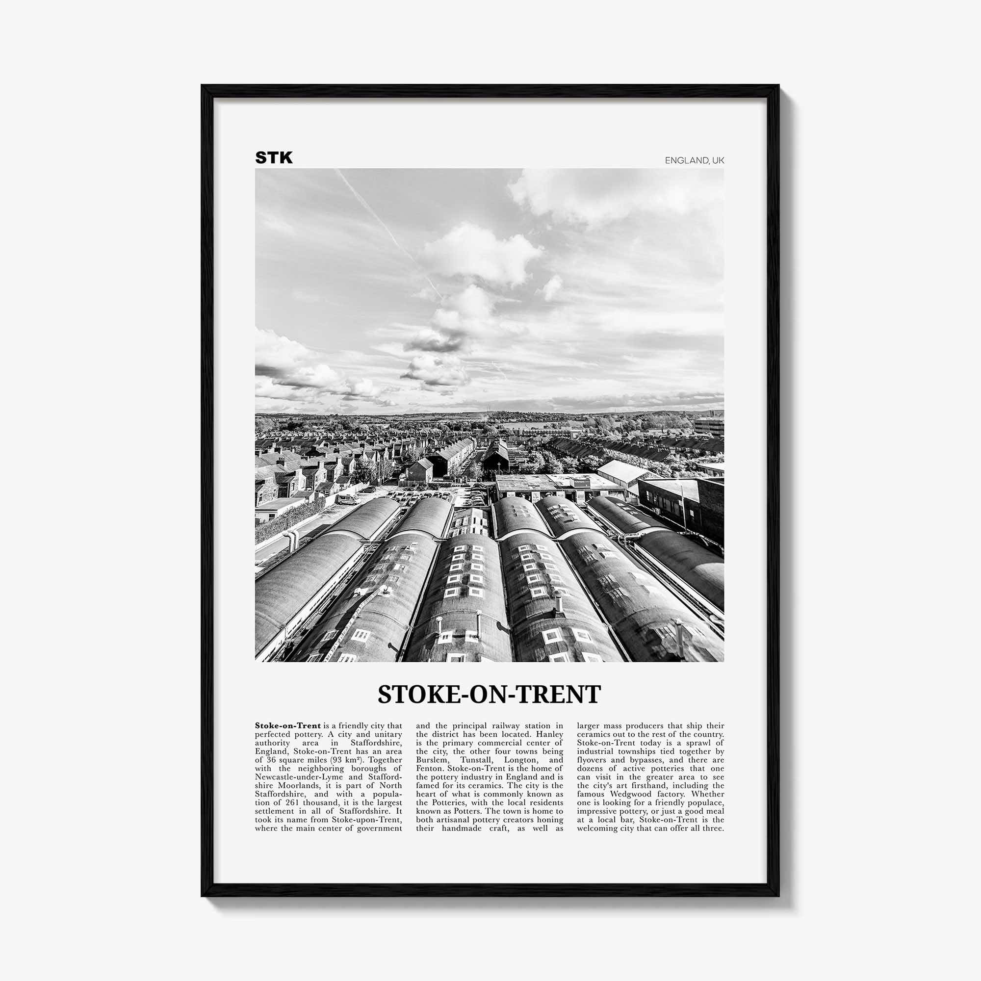 Stoke On Trent Print Black and White, Stoke Wall Art, Stoke Poster, Stoke Photo, Stoke Wall Decor, England, UK United Kingdom