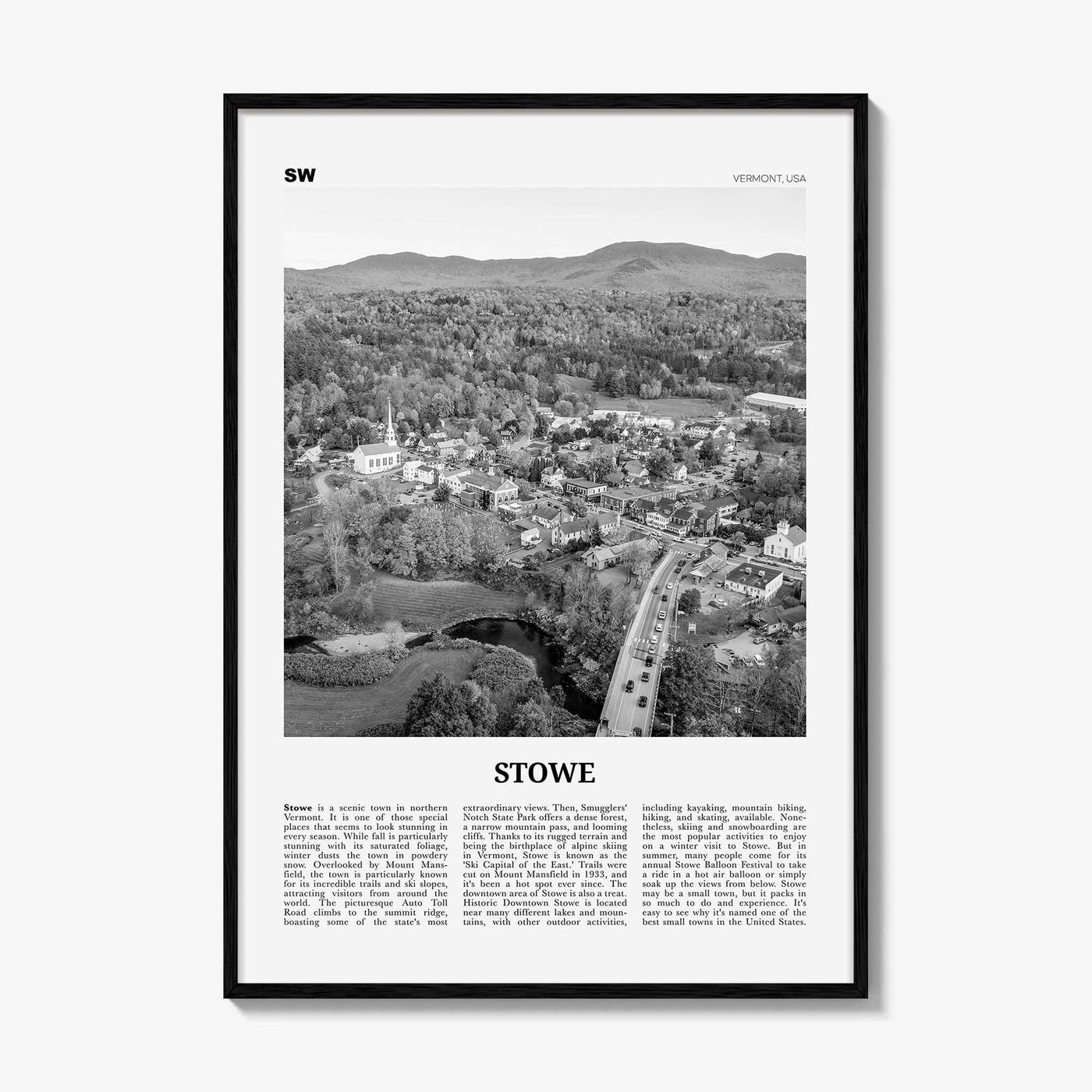 Stowe Print Black and White No 1, Stowe Wall Art, Stowe Poster, Stowe Photo, Stowe Wall Décor, Stowe Map, Vermont, USA