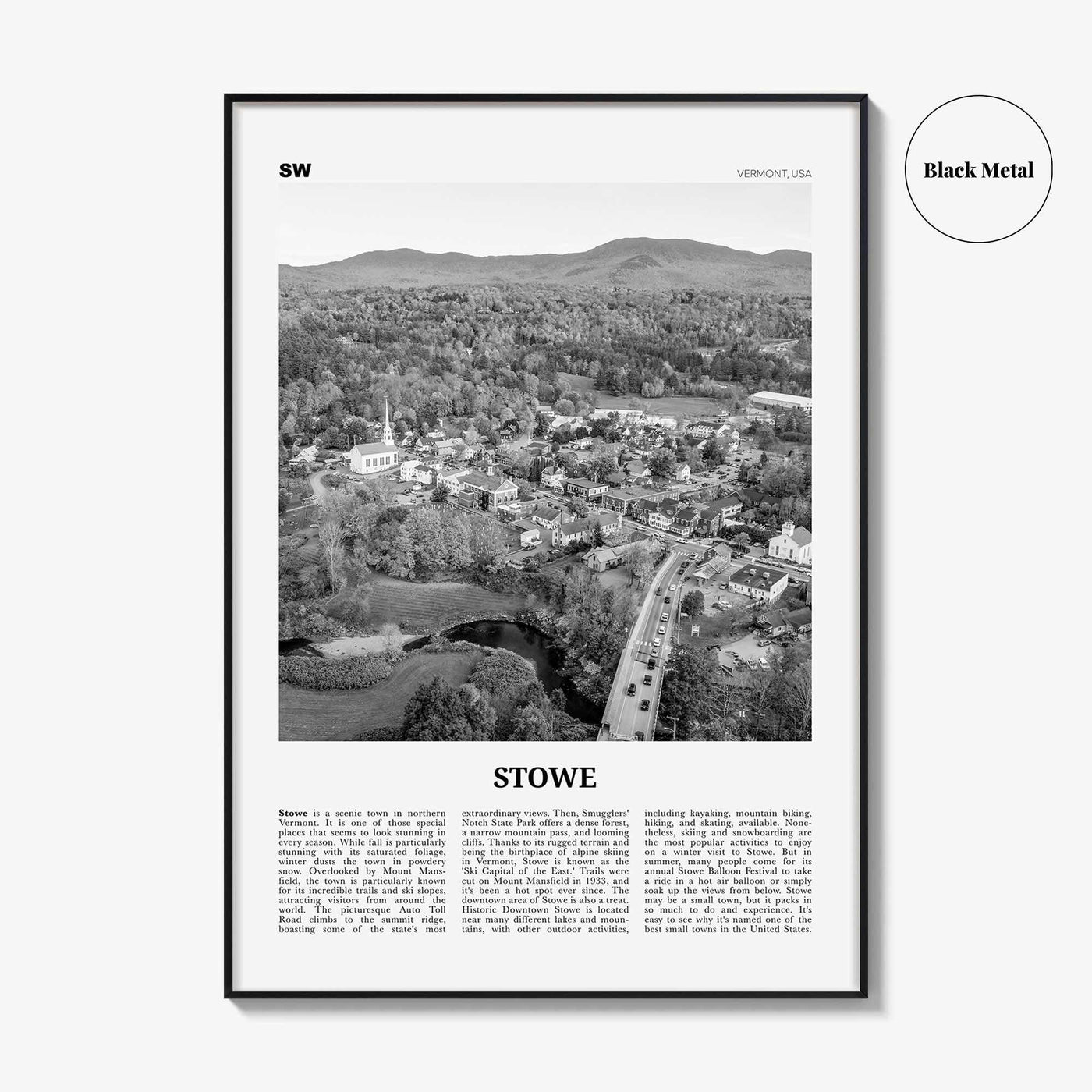 Stowe Print Black and White No 1, Stowe Wall Art, Stowe Poster, Stowe Photo, Stowe Wall Décor, Stowe Map, Vermont, USA