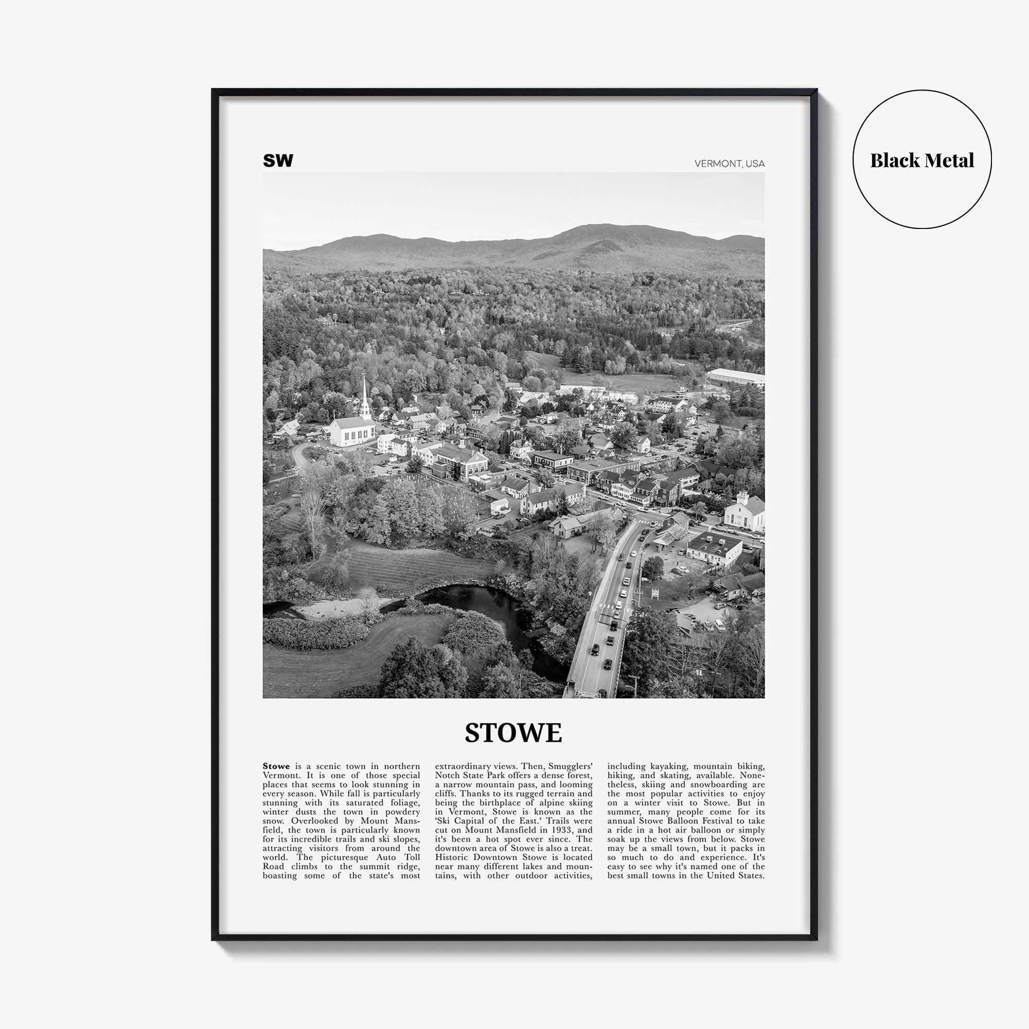 Stowe Print Black and White No 1, Stowe Wall Art, Stowe Poster, Stowe Photo, Stowe Wall Décor, Stowe Map, Vermont, USA
