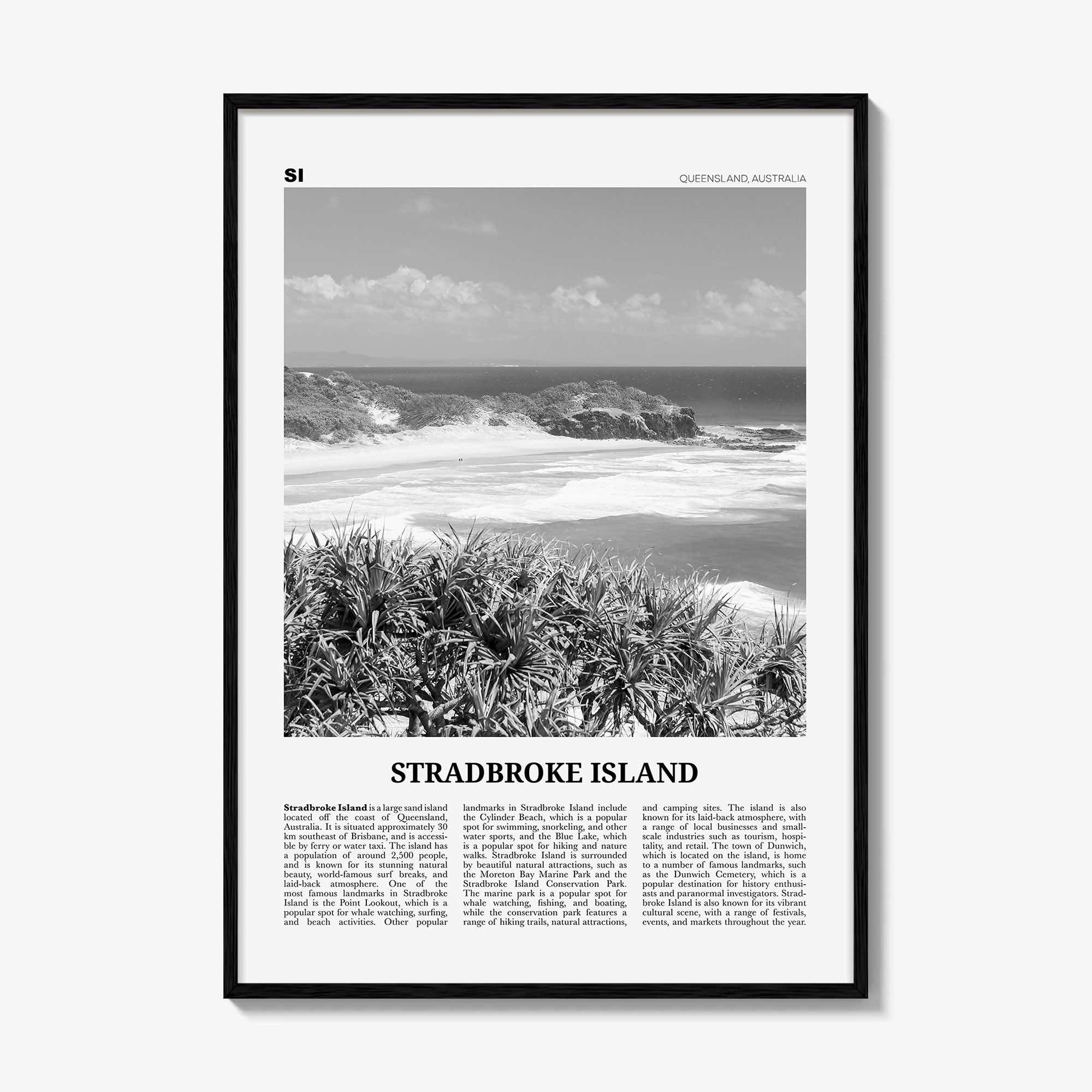Stradbroke Island Print Black and White, Stradbroke Island Art, Stradbroke Island Poster, Stradbroke Island Photo, Wall Décor, Island Map