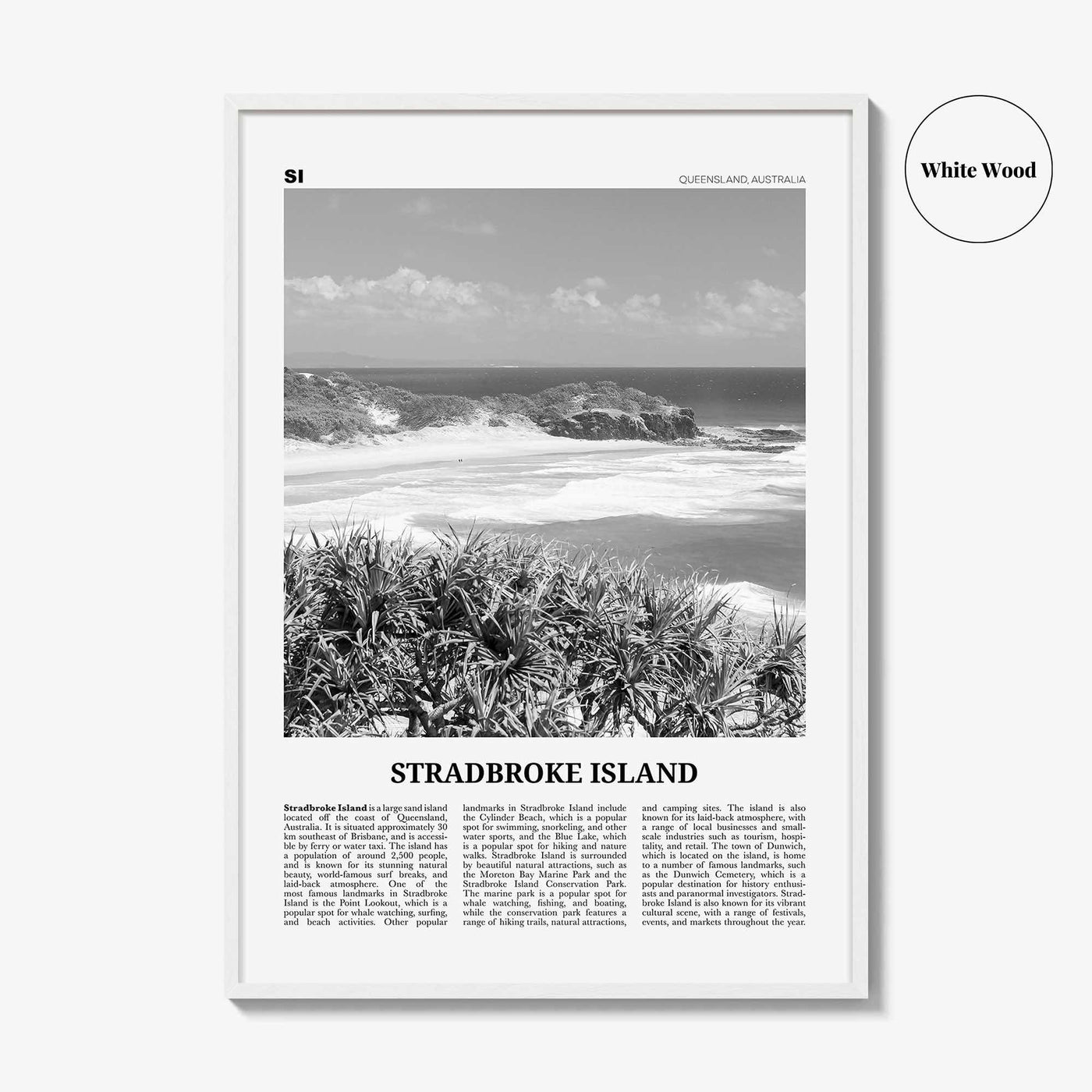 Stradbroke Island Print Black and White, Stradbroke Island Art, Stradbroke Island Poster, Stradbroke Island Photo, Wall Décor, Island Map