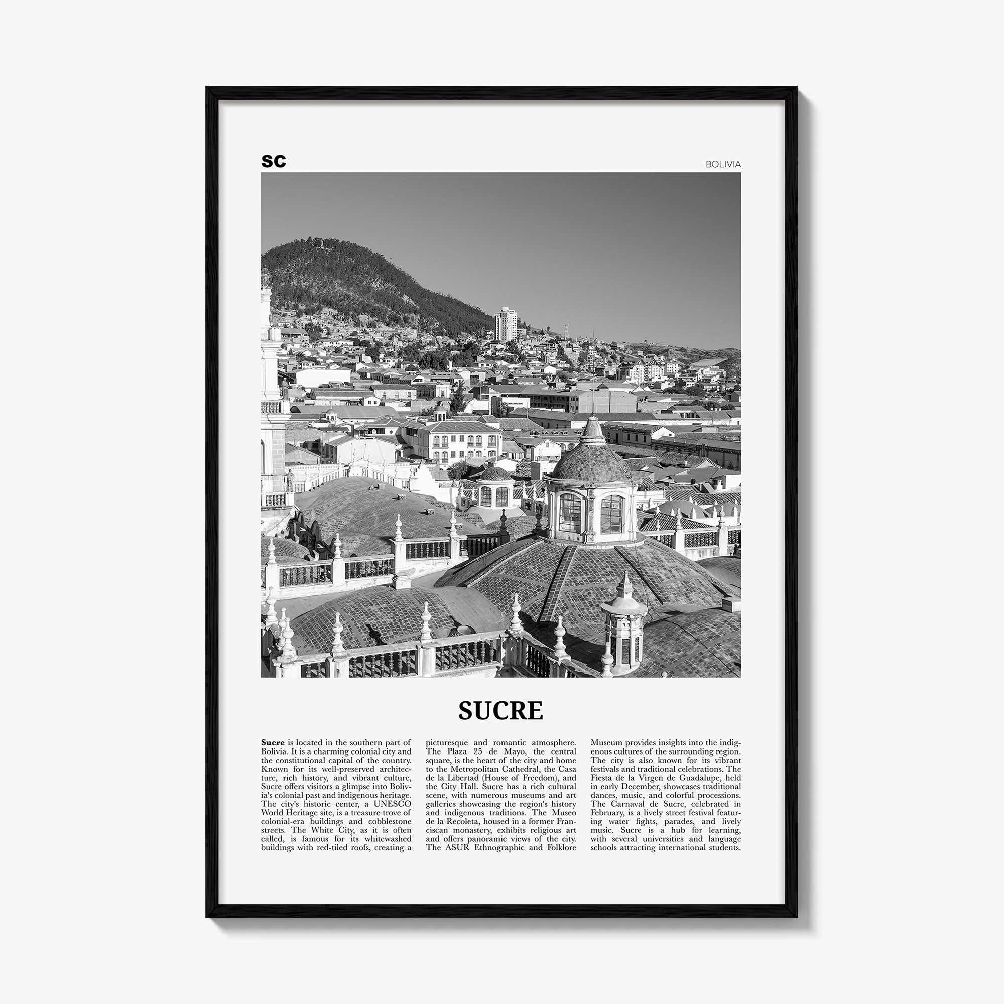 Sucre Print Black and White, Sucre Wall Art, Sucre Poster, Sucre Photo, Sucre Wall Décor, Sucre Map, Bolivia