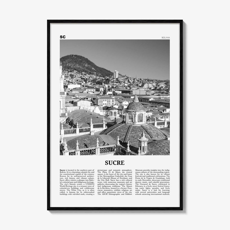 Sucre Print Black and White, Sucre Wall Art, Sucre Poster, Sucre Photo, Sucre Wall Décor, Sucre Map, Bolivia