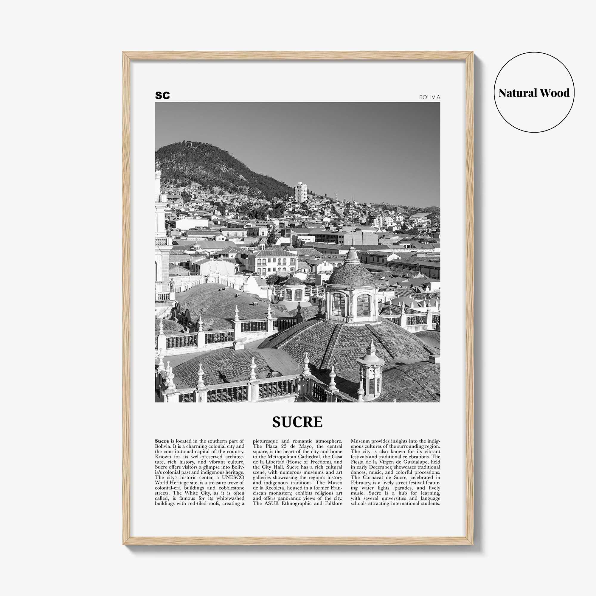Sucre Print Black and White, Sucre Wall Art, Sucre Poster, Sucre Photo, Sucre Wall Décor, Sucre Map, Bolivia