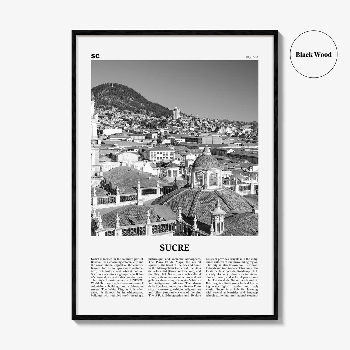Sucre Print Black and White, Sucre Wall Art, Sucre Poster, Sucre Photo, Sucre Wall Décor, Sucre Map, Bolivia