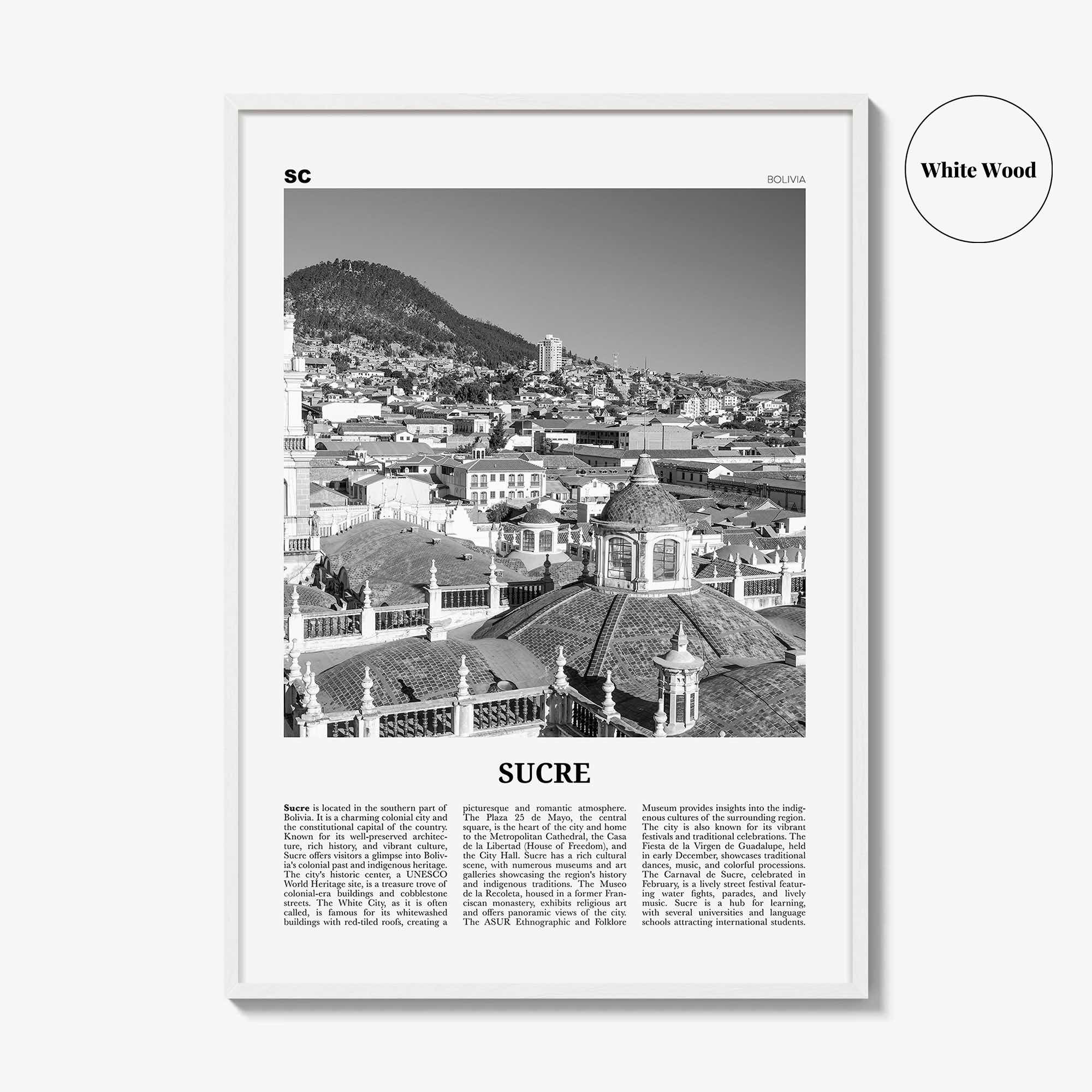 Sucre Print Black and White, Sucre Wall Art, Sucre Poster, Sucre Photo, Sucre Wall Décor, Sucre Map, Bolivia
