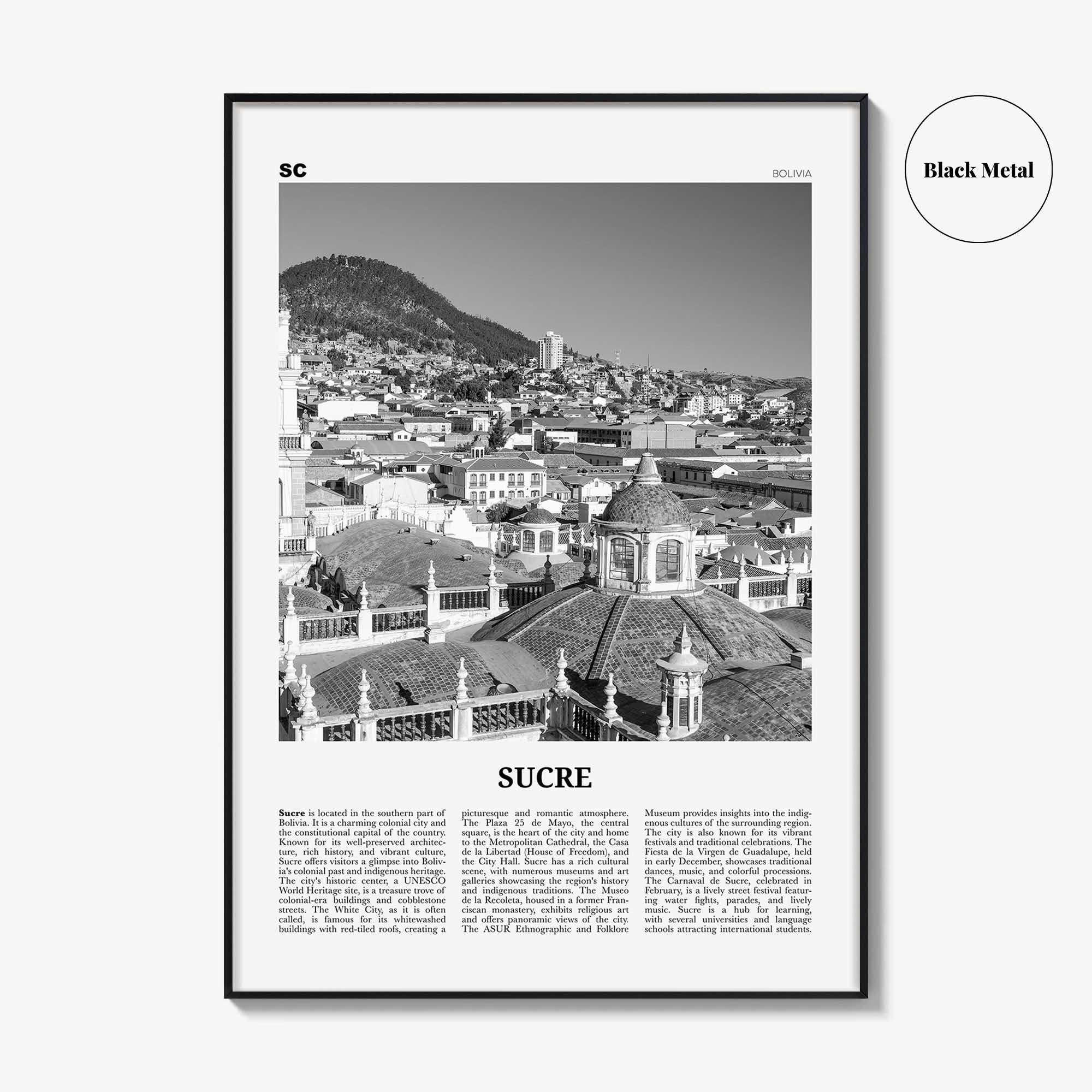 Sucre Print Black and White, Sucre Wall Art, Sucre Poster, Sucre Photo, Sucre Wall Décor, Sucre Map, Bolivia