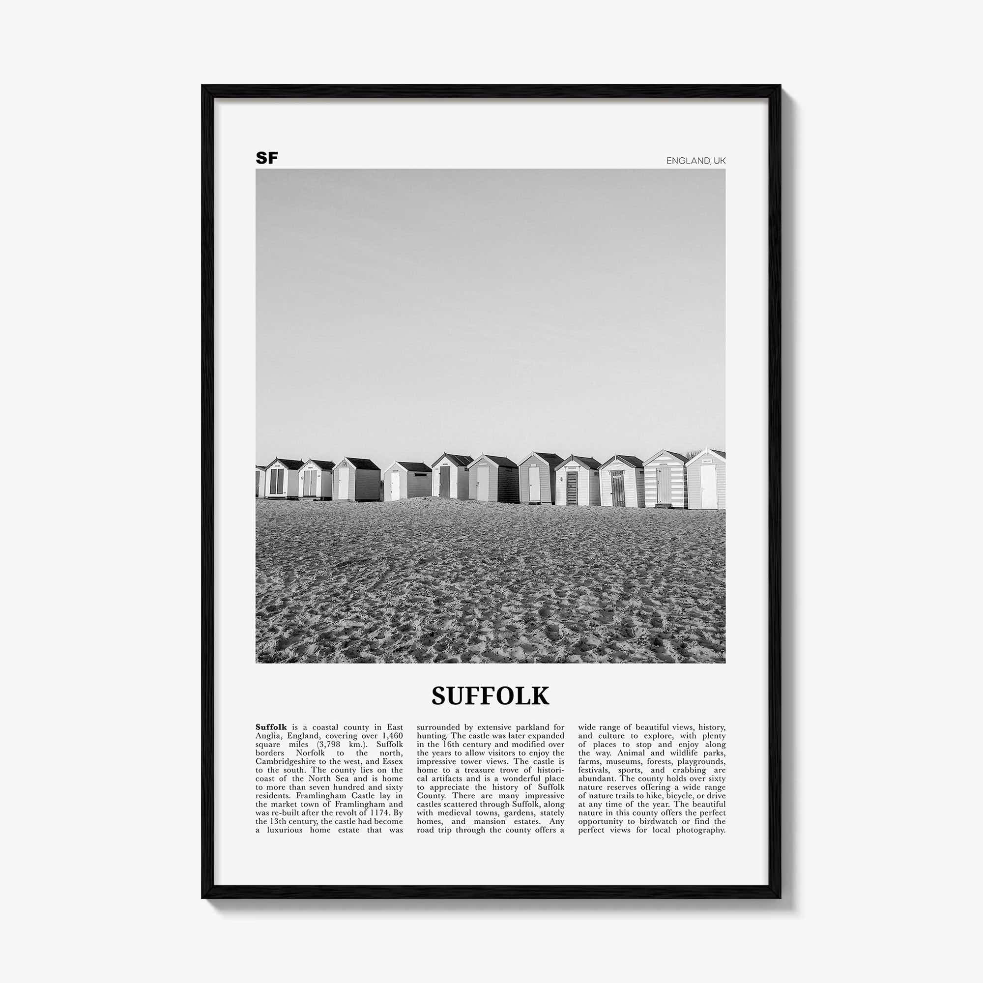 Suffolk Print Black and White, Suffolk Wall Art, Suffolk Poster, Suffolk Photo, Suffolk Map, England, UK, United Kingdom