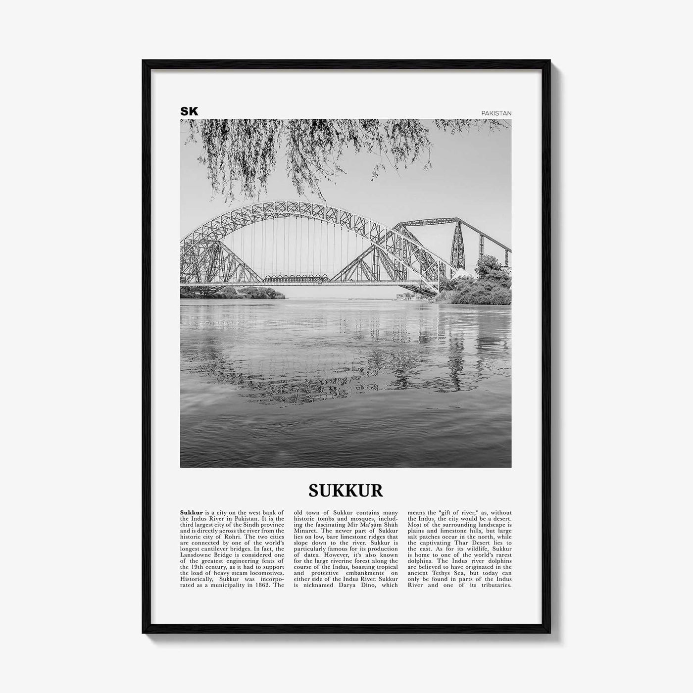 Sukkur Print Black and White, Sukkur Wall Art, Sukkur Poster, Sukkur Photo, Sukkur Wall Décor, Sukkur Map, Pakistan
