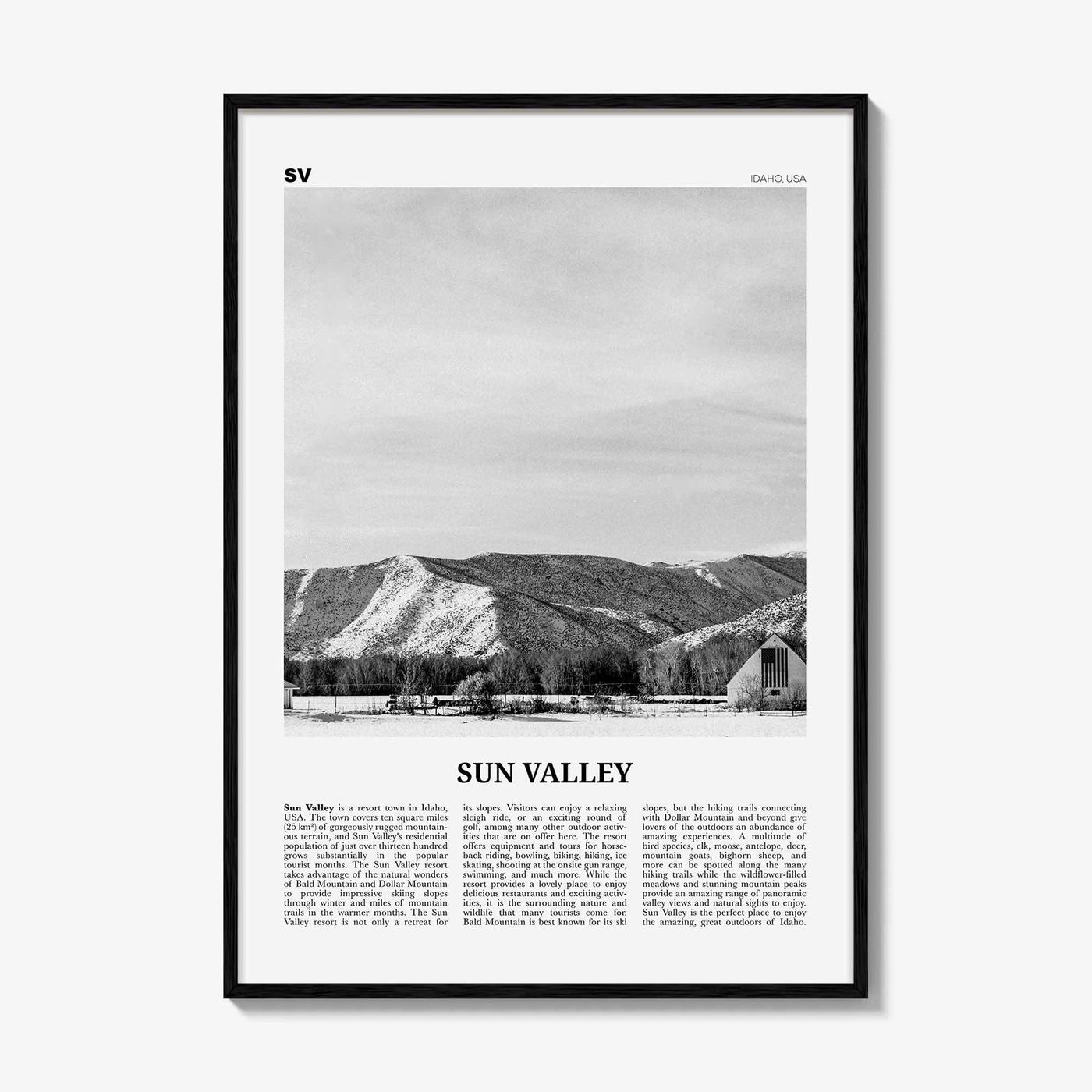 Sun Valley Print Black and White, Sun Valley Wall Art, Sun Valley Poster, Sun Valley Photo, Sun Valley Map, Idaho, USA, United States