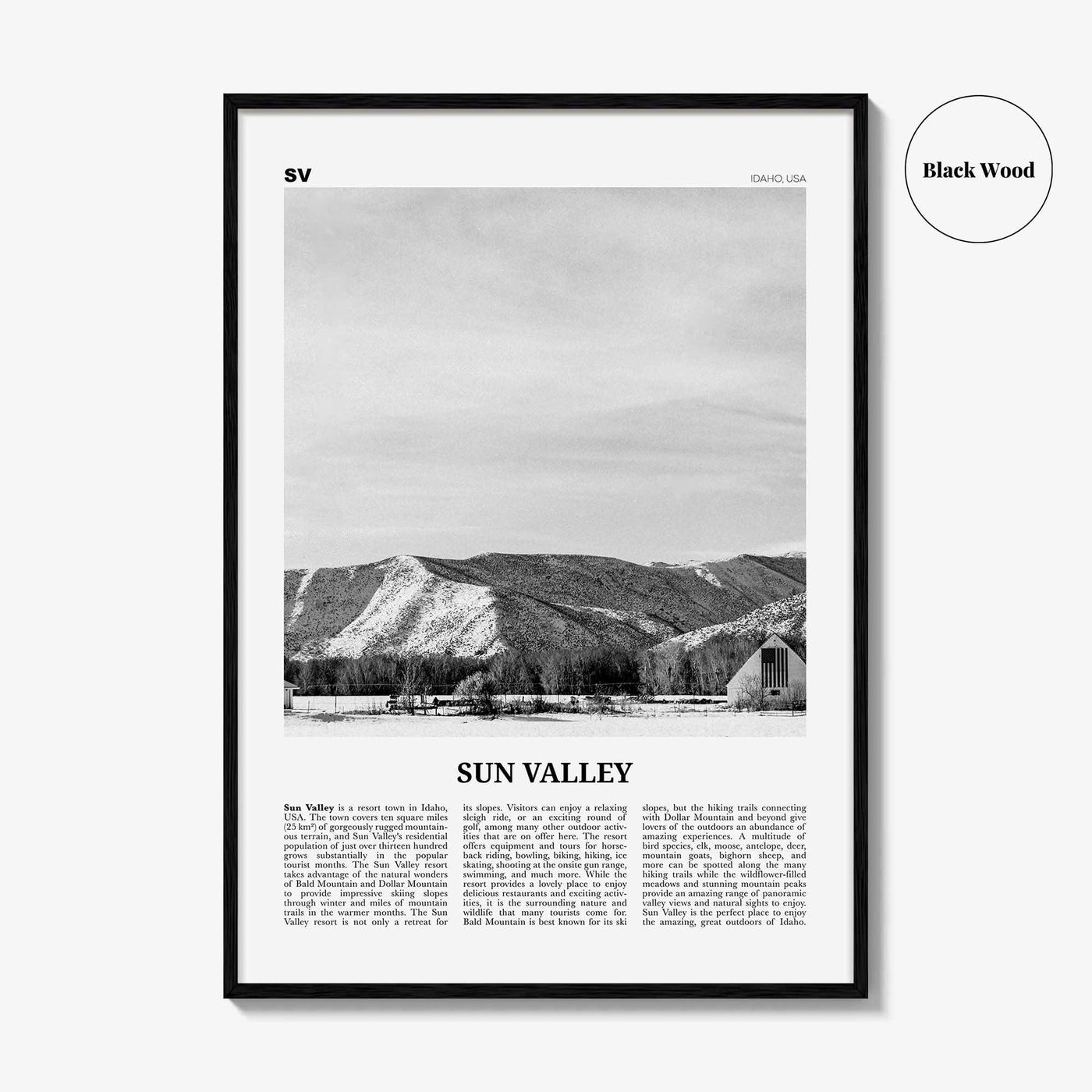 Sun Valley Print Black and White, Sun Valley Wall Art, Sun Valley Poster, Sun Valley Photo, Sun Valley Map, Idaho, USA, United States