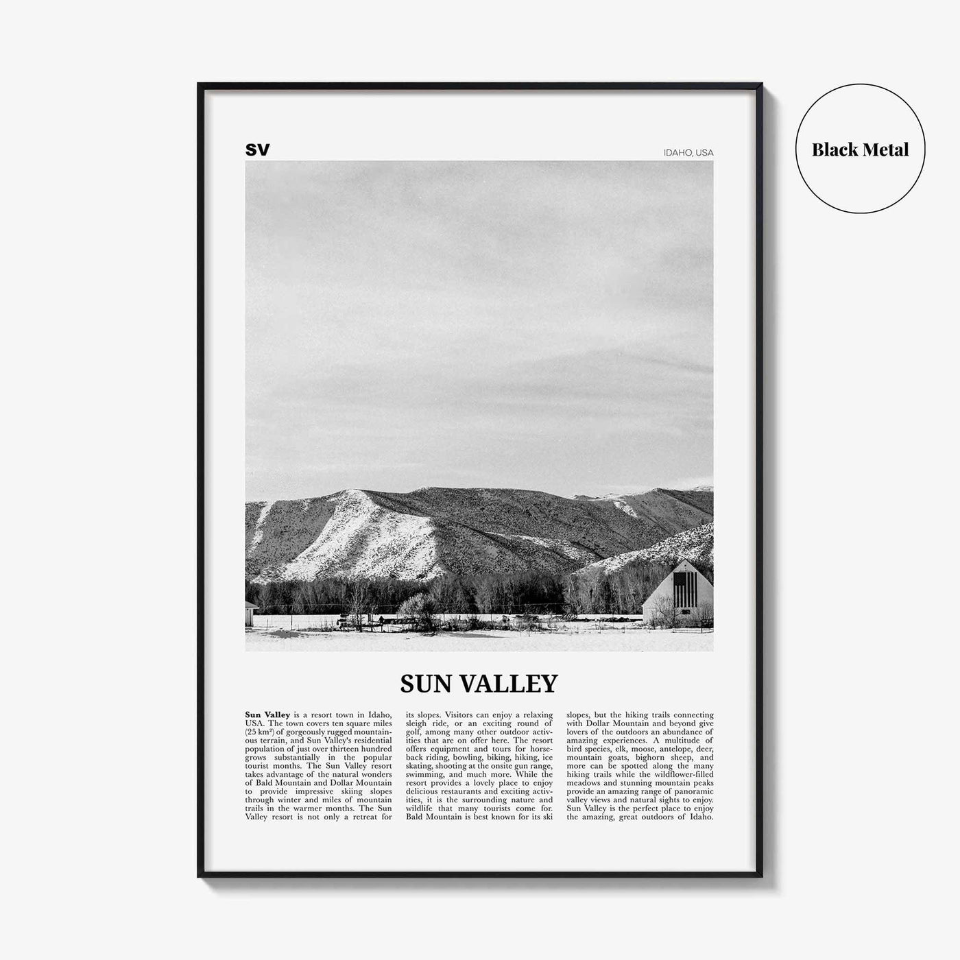 Sun Valley Print Black and White, Sun Valley Wall Art, Sun Valley Poster, Sun Valley Photo, Sun Valley Map, Idaho, USA, United States