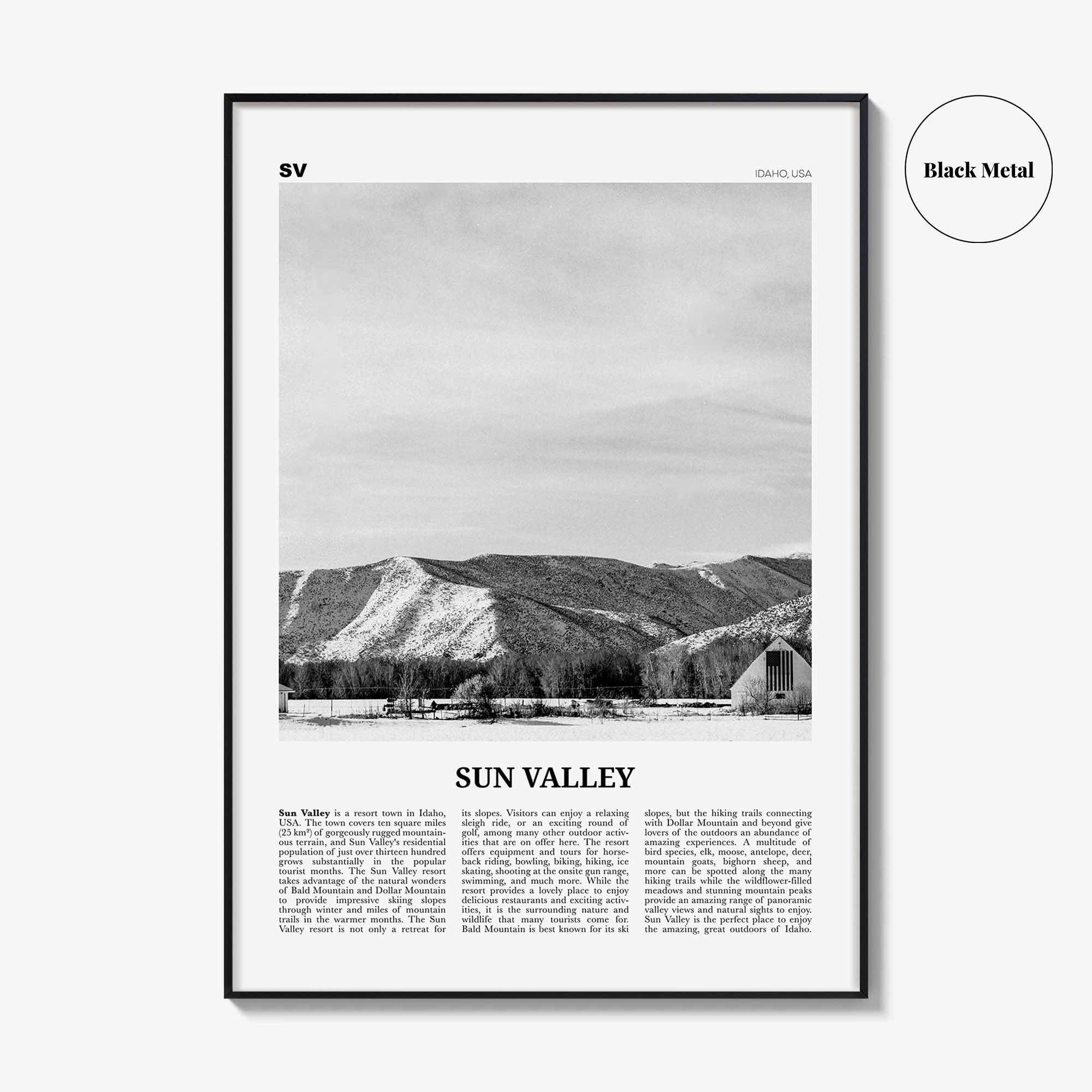 Sun Valley Print Black and White, Sun Valley Wall Art, Sun Valley Poster, Sun Valley Photo, Sun Valley Map, Idaho, USA, United States