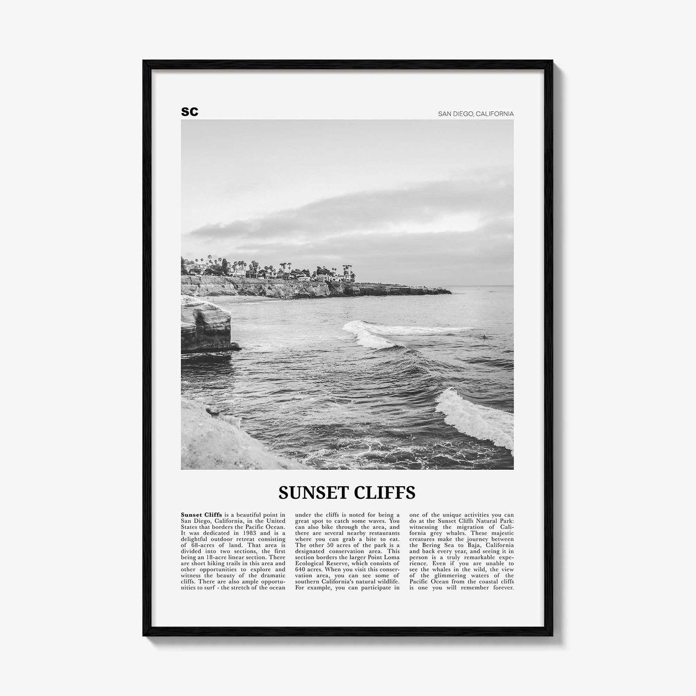 Sunset Cliffs Print Black and White, Sunset Cliffs Wall Art, Sunset Cliffs Poster, Sunset Cliffs Photo, San Diego, California, USA
