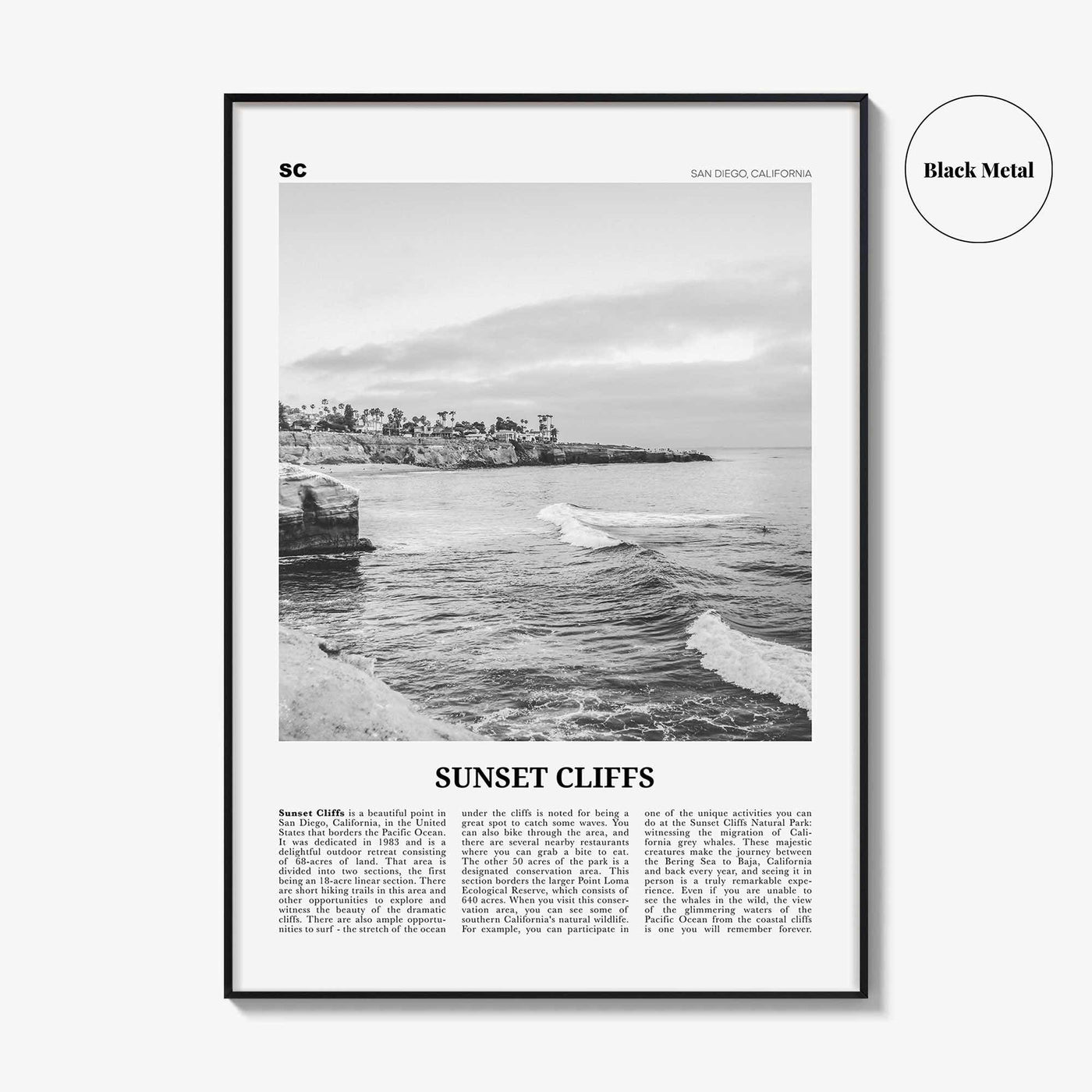 Sunset Cliffs Print Black and White, Sunset Cliffs Wall Art, Sunset Cliffs Poster, Sunset Cliffs Photo, San Diego, California, USA