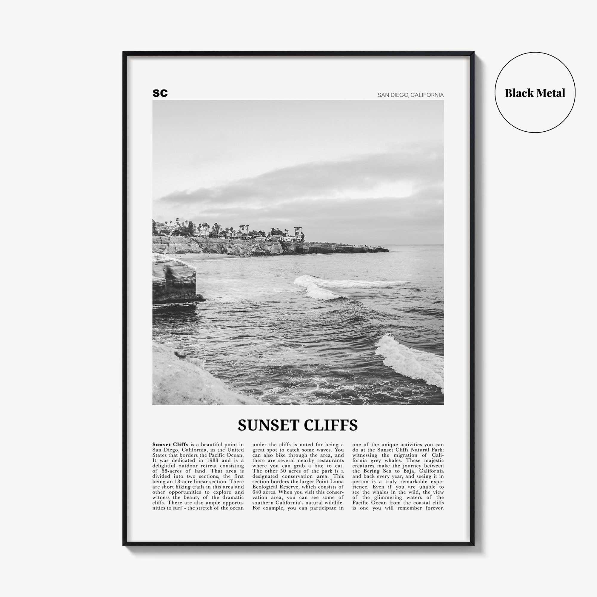 Sunset Cliffs Print Black and White, Sunset Cliffs Wall Art, Sunset Cliffs Poster, Sunset Cliffs Photo, San Diego, California, USA