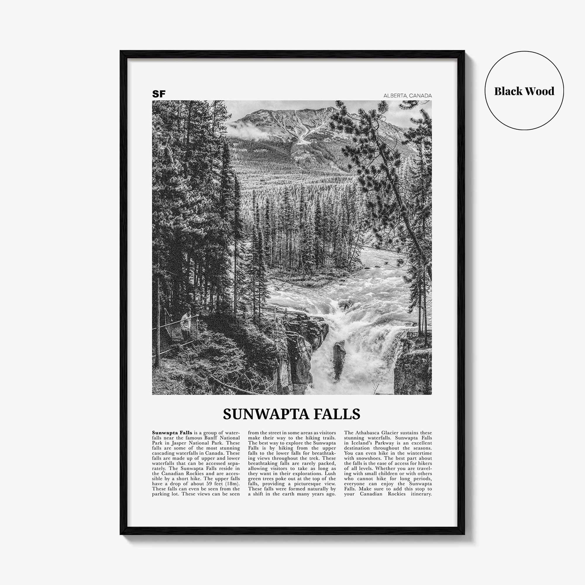 Sunwapta Falls Print Black and White, Sunwapta Falls Wall Art, Sunwapta Falls Poster, Sunwapta Falls Photo, Alberta, Canada