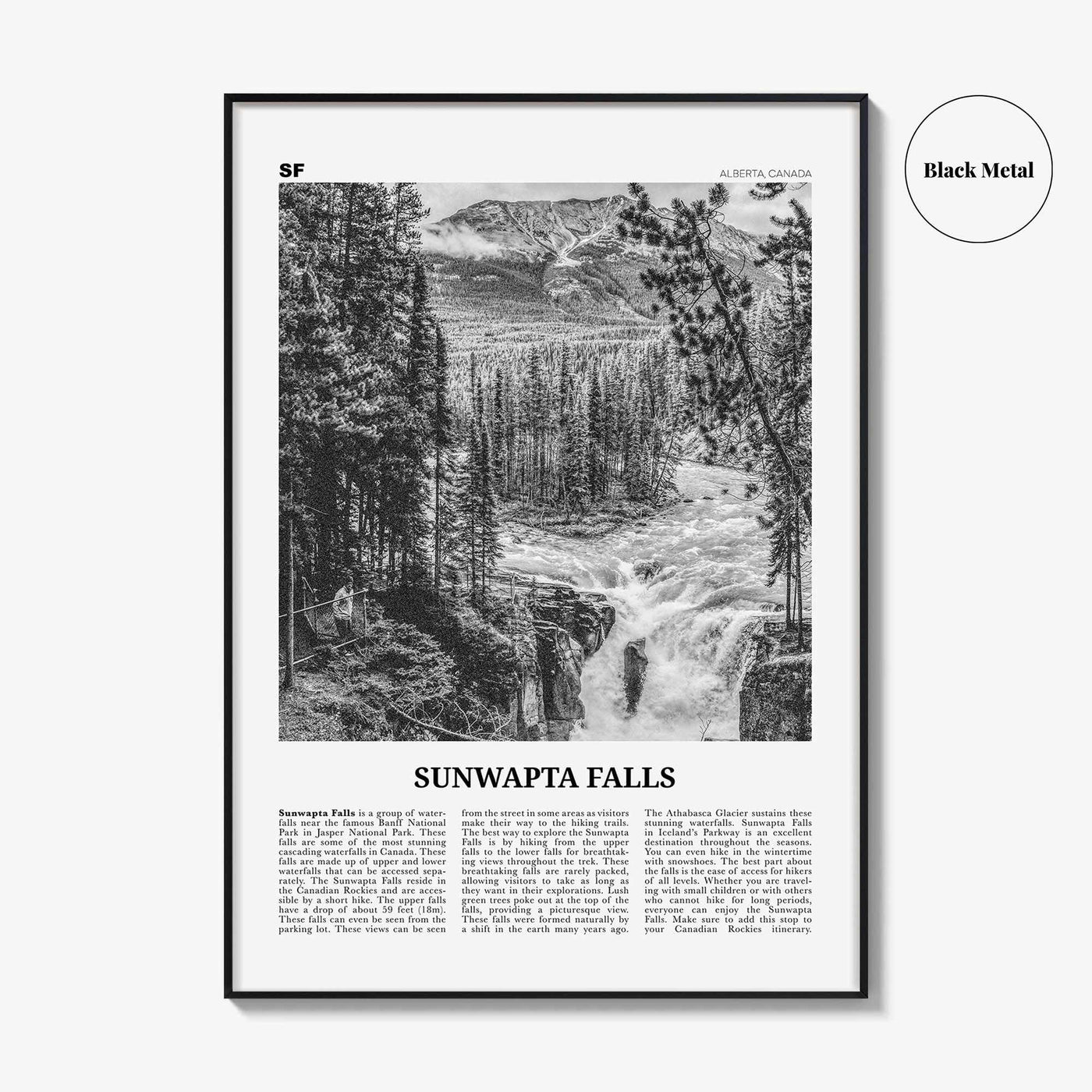 Sunwapta Falls Print Black and White, Sunwapta Falls Wall Art, Sunwapta Falls Poster, Sunwapta Falls Photo, Alberta, Canada