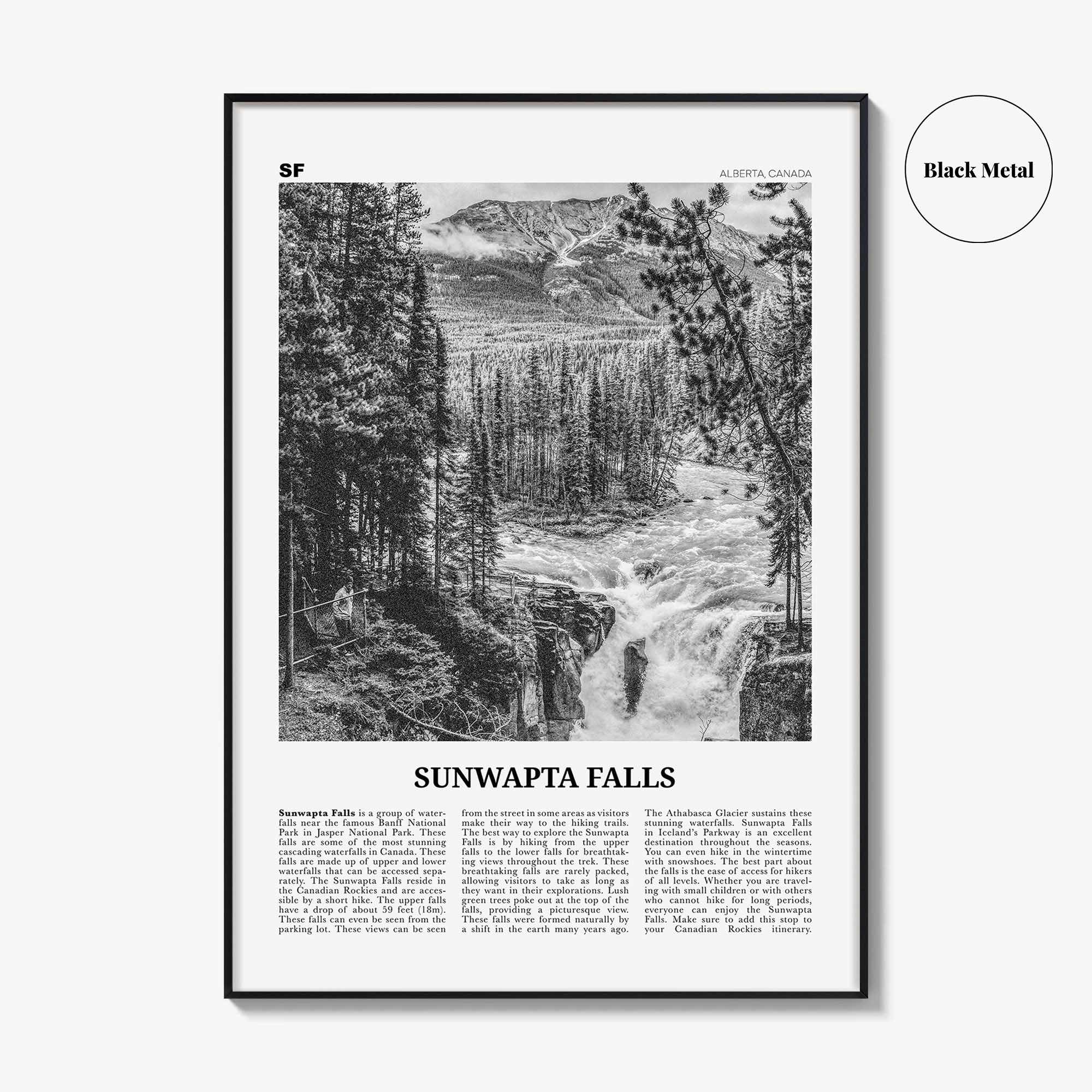 Sunwapta Falls Print Black and White, Sunwapta Falls Wall Art, Sunwapta Falls Poster, Sunwapta Falls Photo, Alberta, Canada