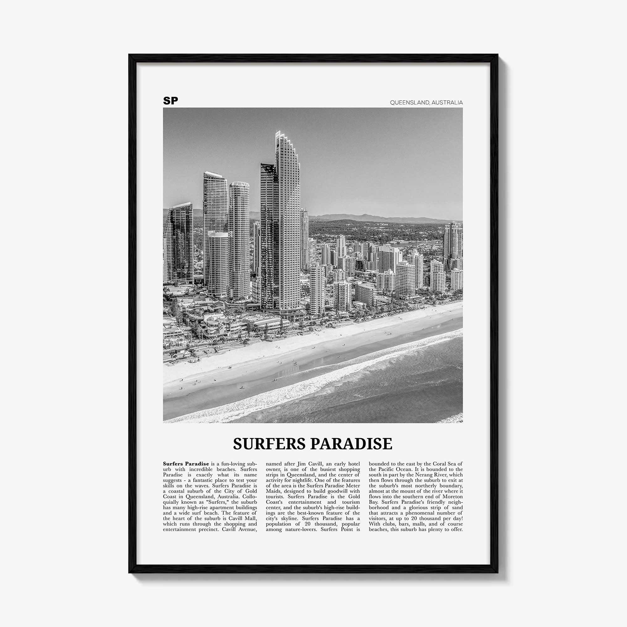 Surfers Paradise Print Black and White, Surfers Paradise Wall Art, Surfers Paradise Poster, Queensland, Australia, Oceania