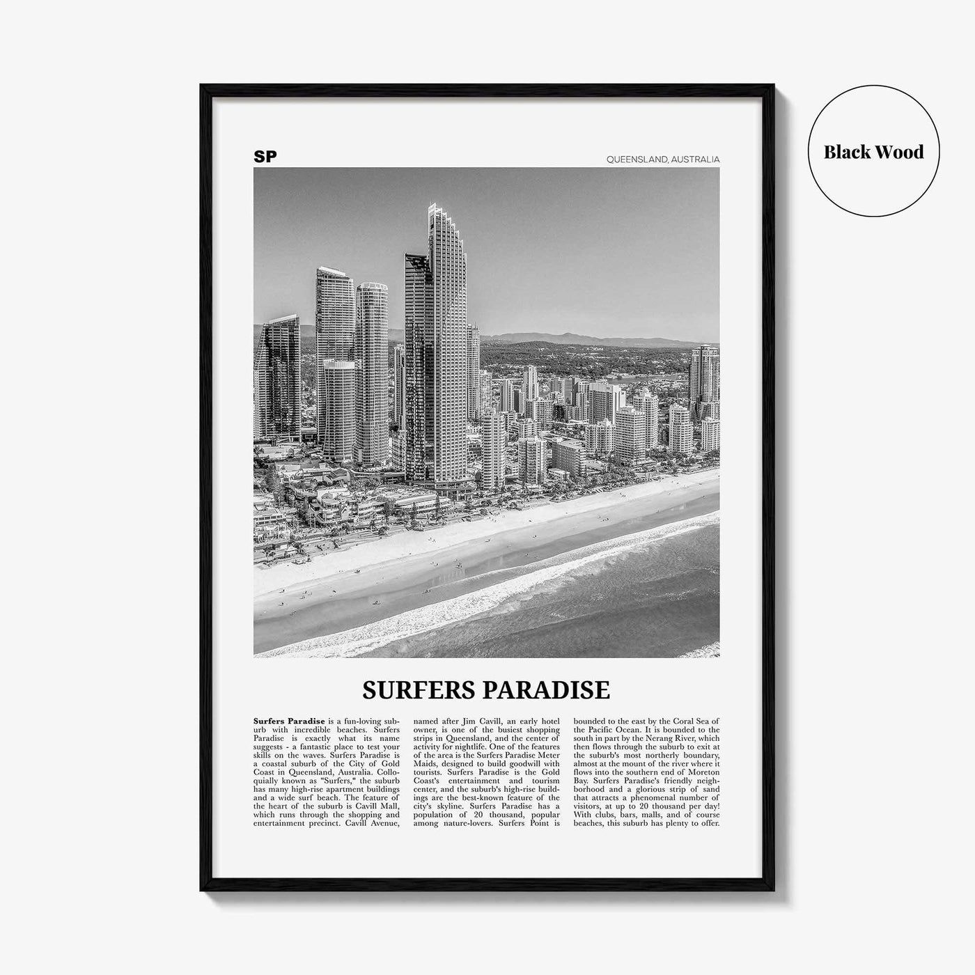 Surfers Paradise Print Black and White, Surfers Paradise Wall Art, Surfers Paradise Poster, Queensland, Australia, Oceania
