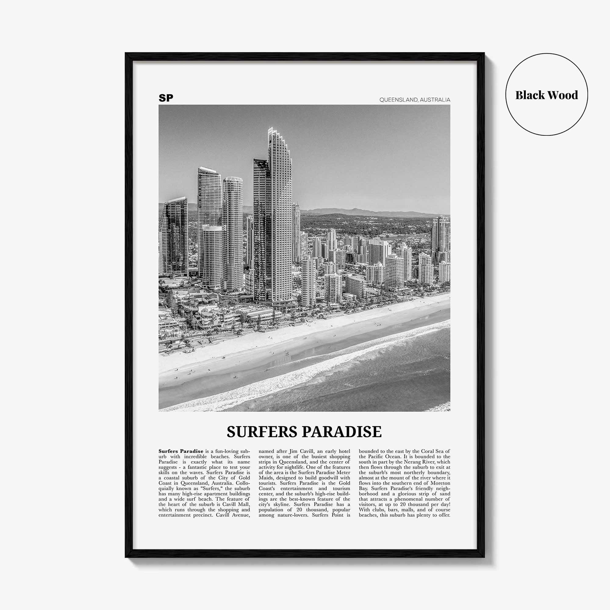 Surfers Paradise Print Black and White, Surfers Paradise Wall Art, Surfers Paradise Poster, Queensland, Australia, Oceania