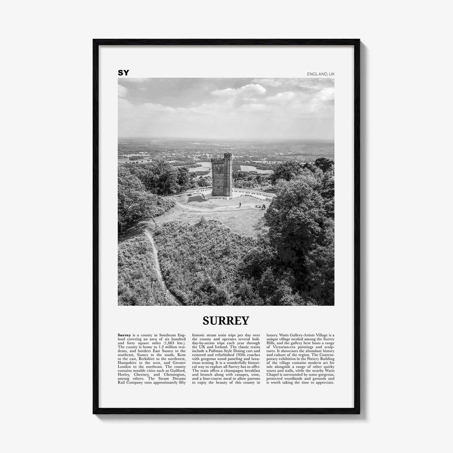 Surrey Print Black and White, Surrey Wall Art, Surrey Poster, Surrey Photo, Surrey Map, England, UK, United Kingdom