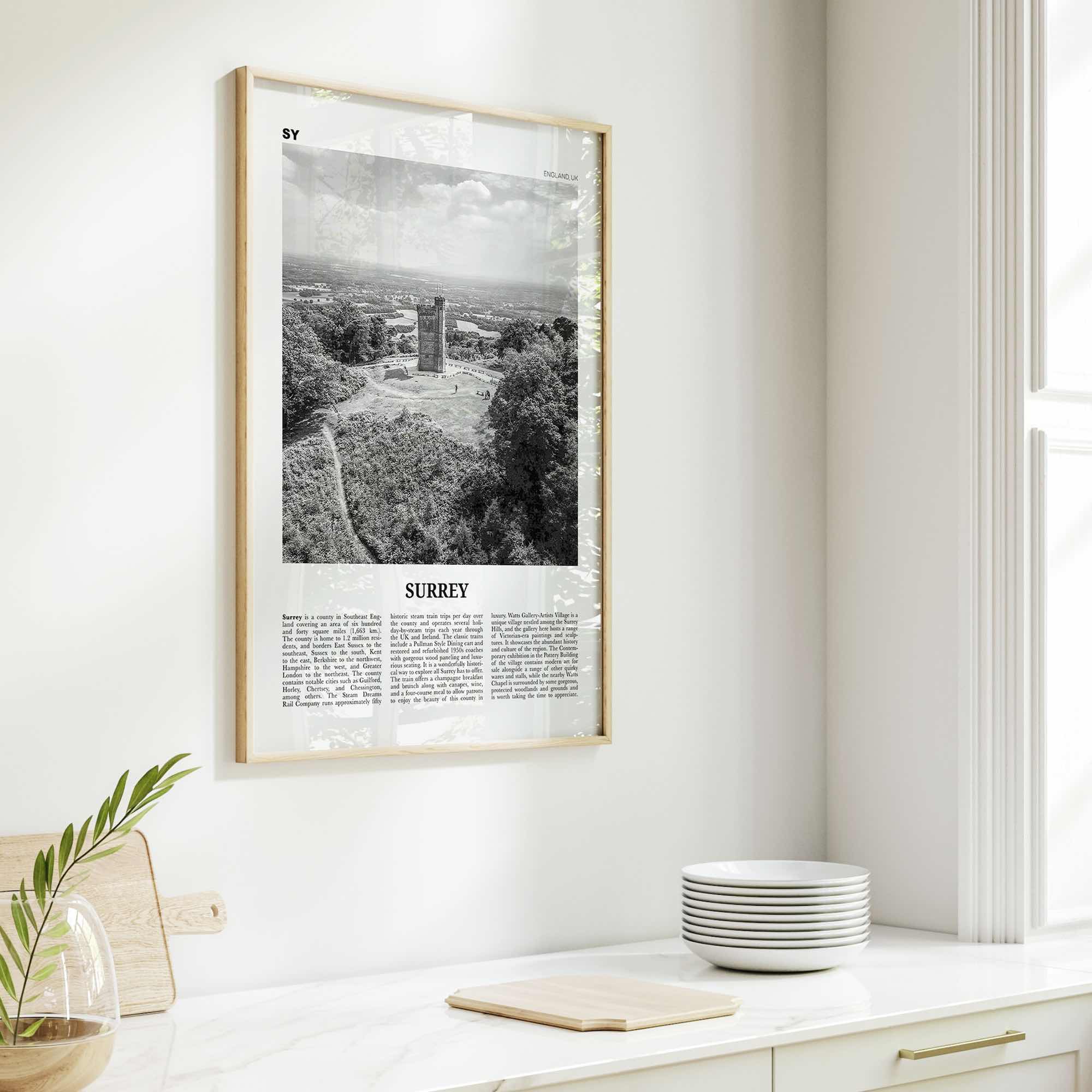 Surrey Print Black and White, Surrey Wall Art, Surrey Poster, Surrey Photo, Surrey Map, England, UK, United Kingdom