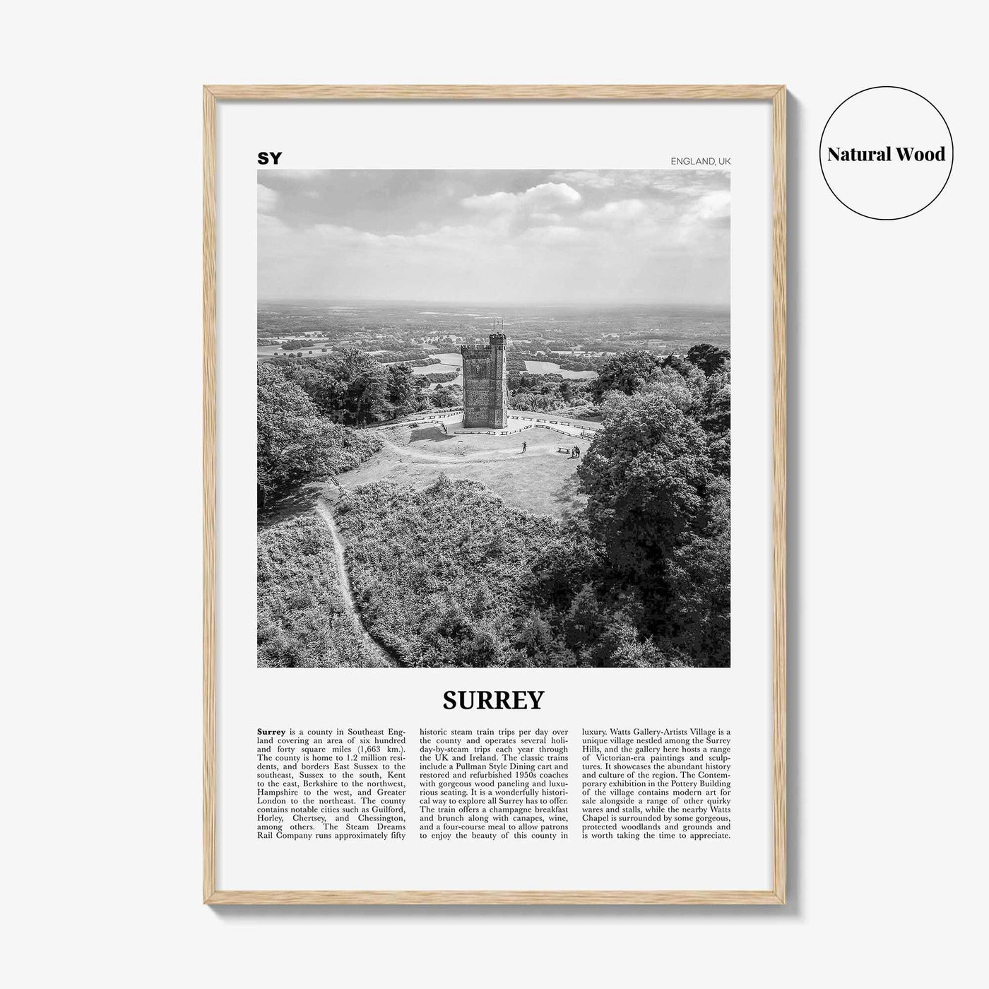 Surrey Print Black and White, Surrey Wall Art, Surrey Poster, Surrey Photo, Surrey Map, England, UK, United Kingdom