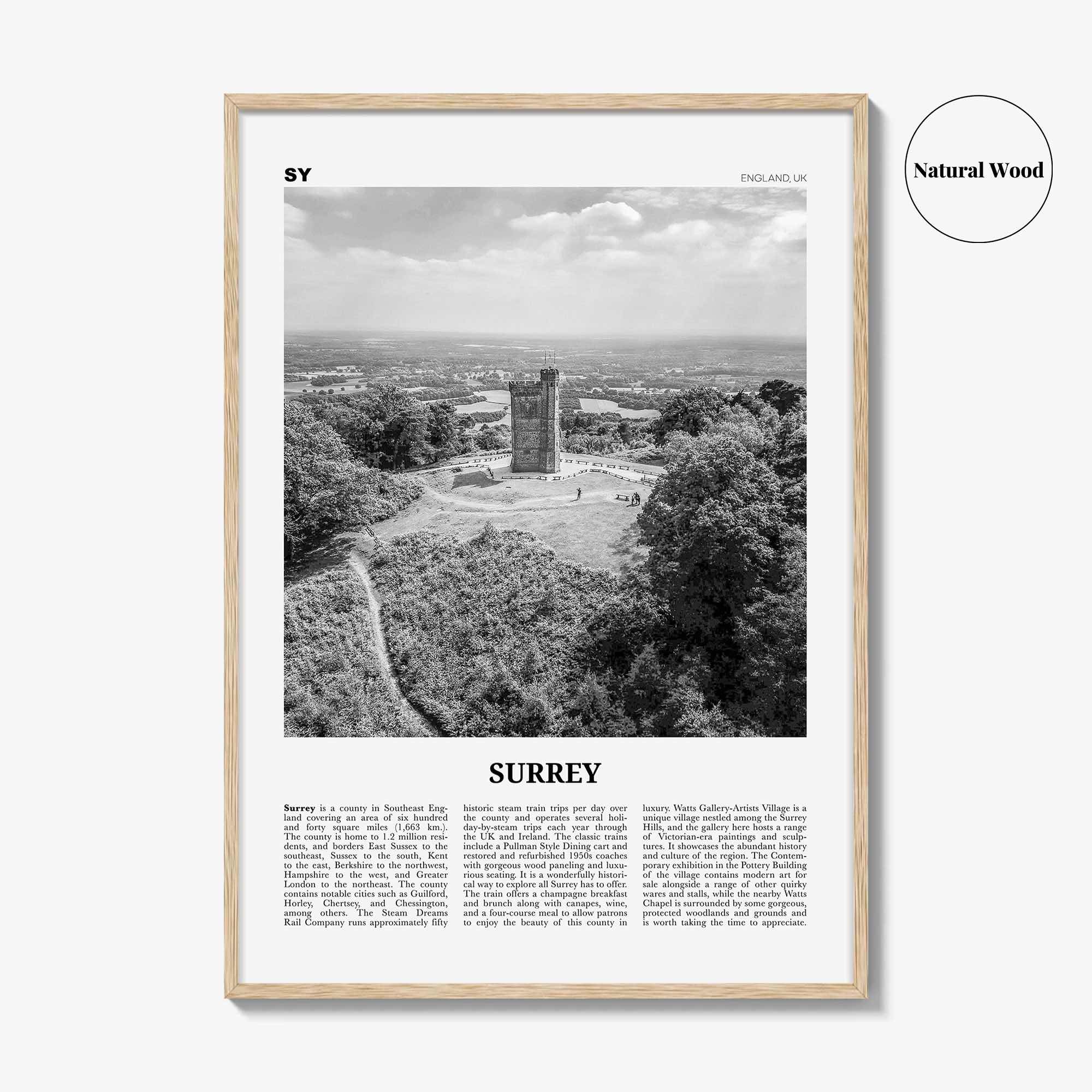 Surrey Print Black and White, Surrey Wall Art, Surrey Poster, Surrey Photo, Surrey Map, England, UK, United Kingdom