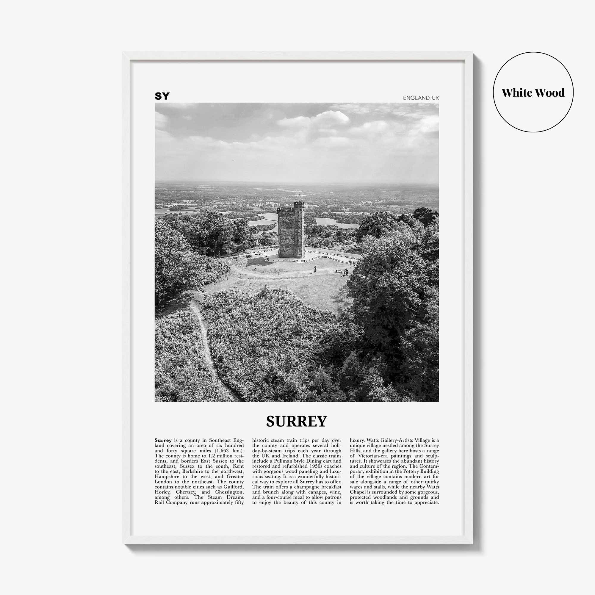 Surrey Print Black and White, Surrey Wall Art, Surrey Poster, Surrey Photo, Surrey Map, England, UK, United Kingdom